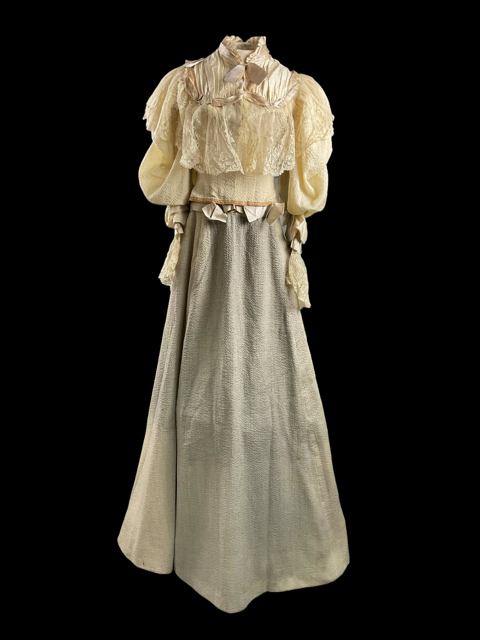 1890s 2 Piece Day Dress: 1890s 2 Piece Day Dress, This dress was used as a demonstration to illustrate and show garment sewing techniques, Blind hook and eye closure to bodice and skirt, Sash at waist, Waist 24”, Should