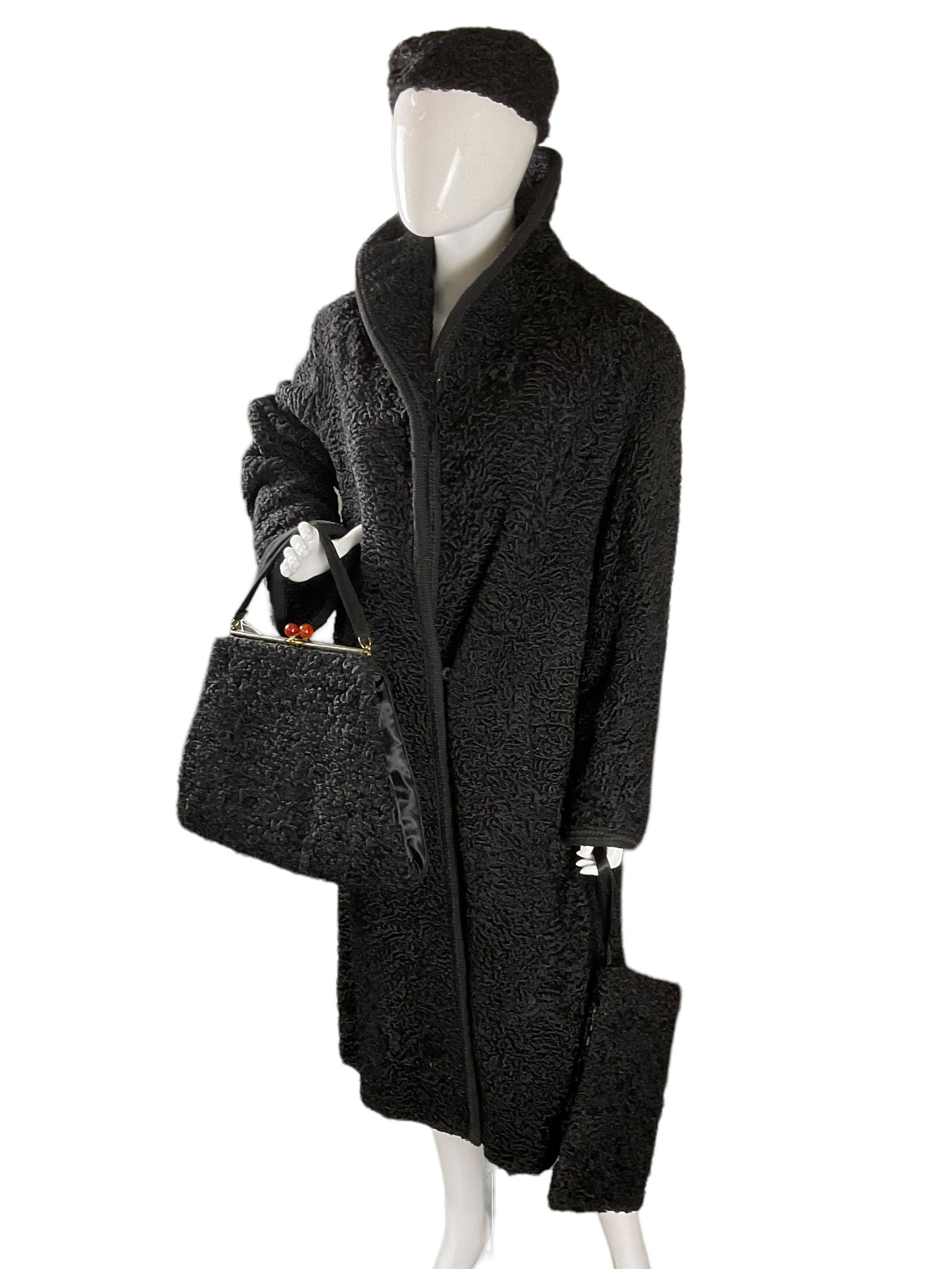 Vintage Black Persian Lamb Coat, Muff, Hat and Purse (1 of 11)