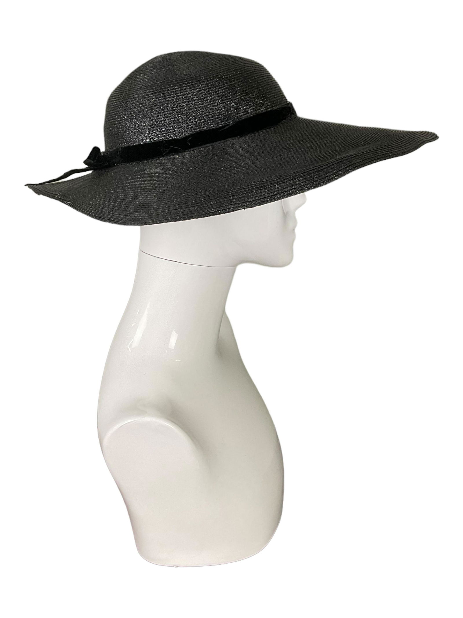 Black Wide Brimmed Straw Hat with Velvet Bow (1 of 5)