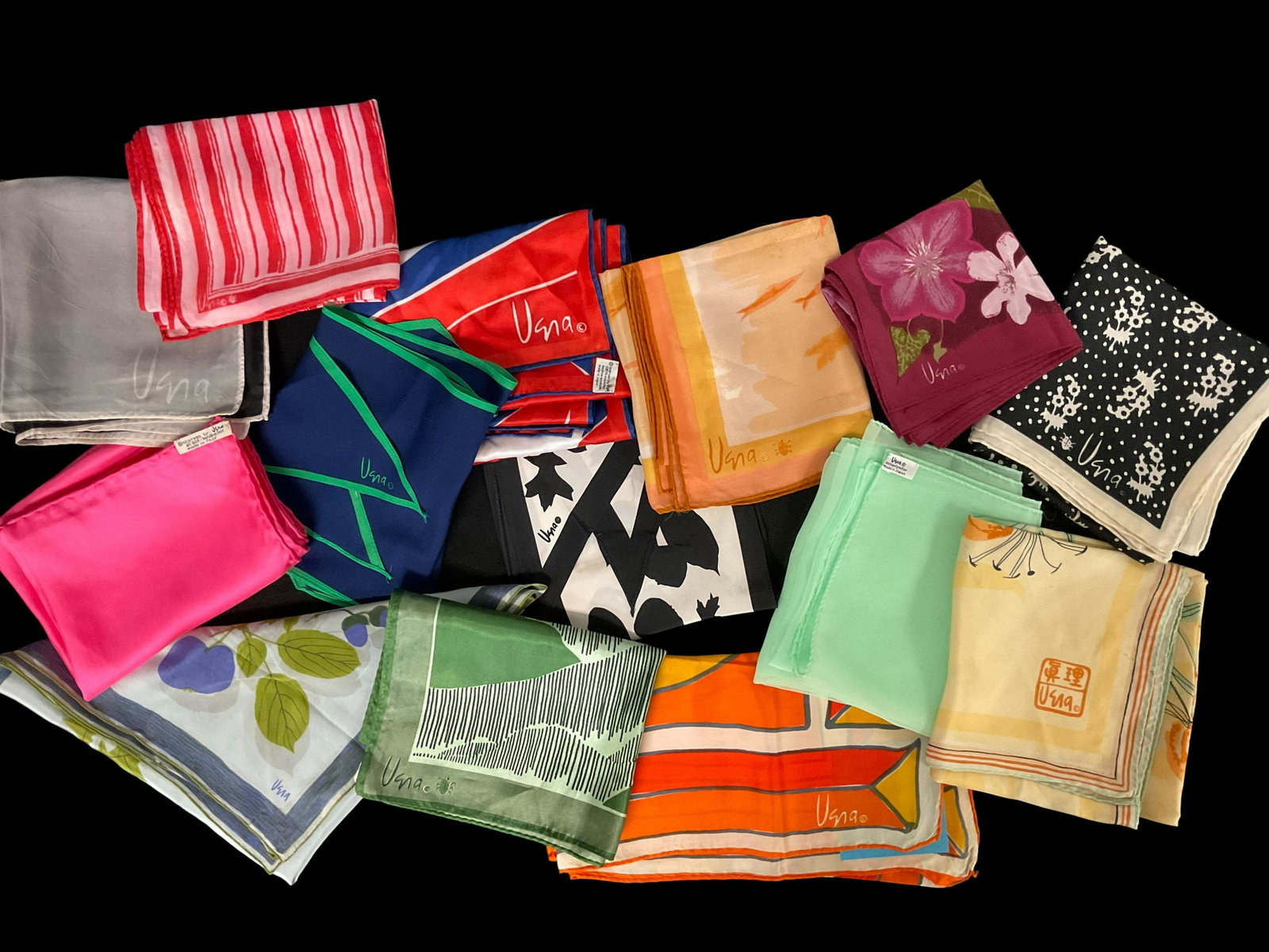 Collection of 14 Scarves by Vera: Collection of 14 Scarves by Vera, Scarves are various colors, sizes and designs, Condition some scarves have slight tears and stains, see photographs