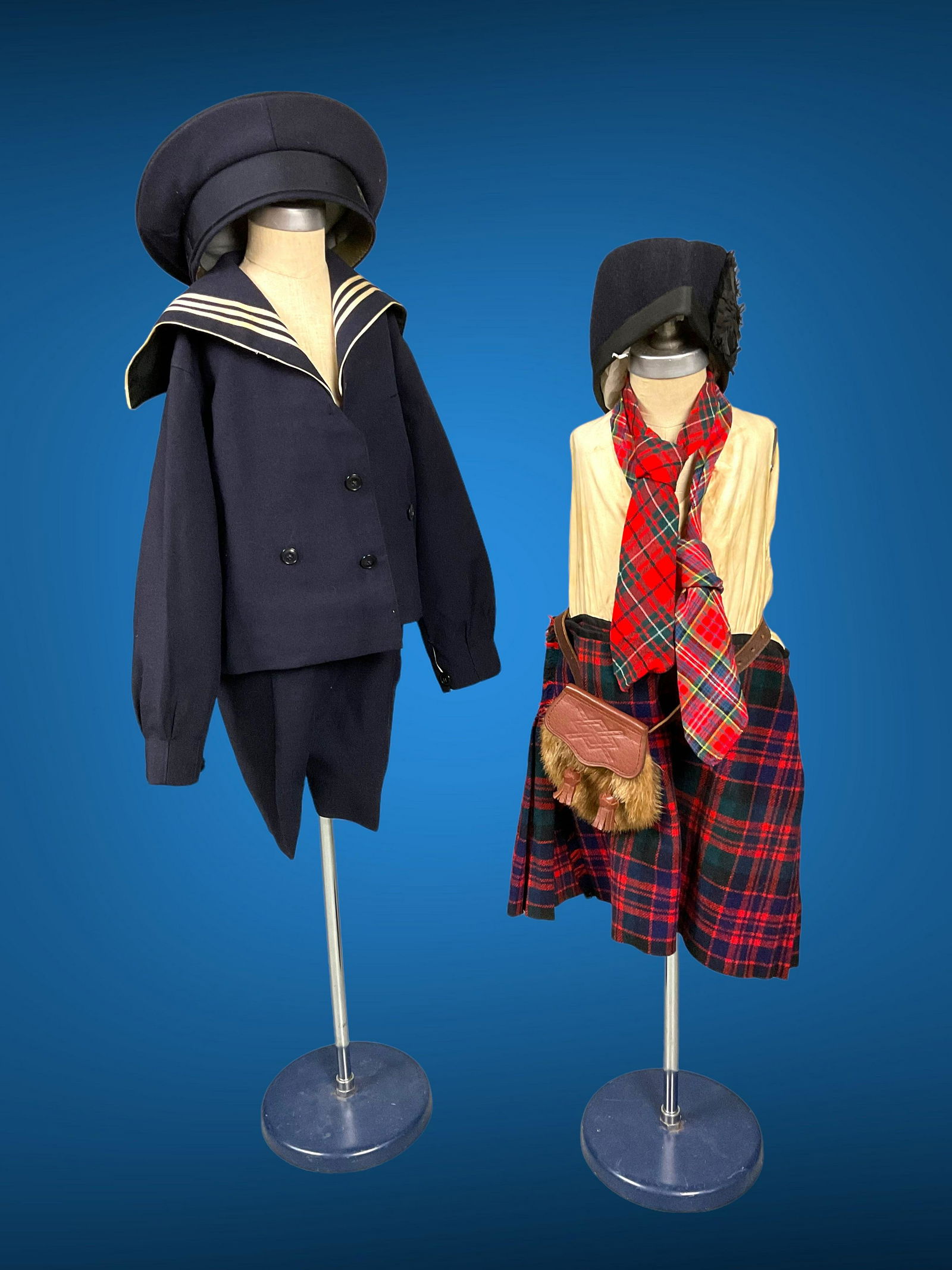 Vintage Interchangeable Childs Sailor Suit and Kilt with Hats: Vintage Interchangeable Childs Sailor Suit and Kilt with Hats, Hats for each outfit, Sporran included, Condition, collar slightly frayed in one spot, staining of kilt top, staining of lining sailor pa