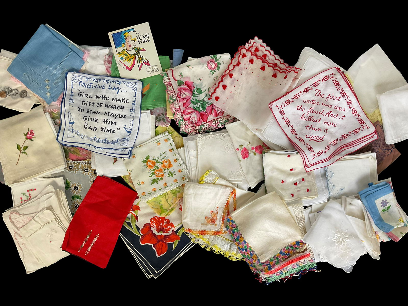 Large Lot of Vintage Linens: Large Lot of Vintage Linens, Includes cocktail napkins, hankies, mens handkerchiefs and a bread basket liner, Condition some tiny stains and small tears, see photographs