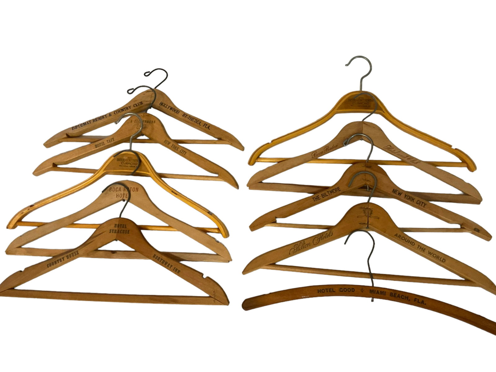 Collection of 10 Vintage Wooden Hotel Hangers: Collection of 10 Vintage Wooden Hotel Hangers, Diplomat Resort and Country Club, Hollywood, By the sea, Florida, Boca Raton Hotel and Club, Hotel Taft, New York City, Hotel Inter-Continental Curacao, 