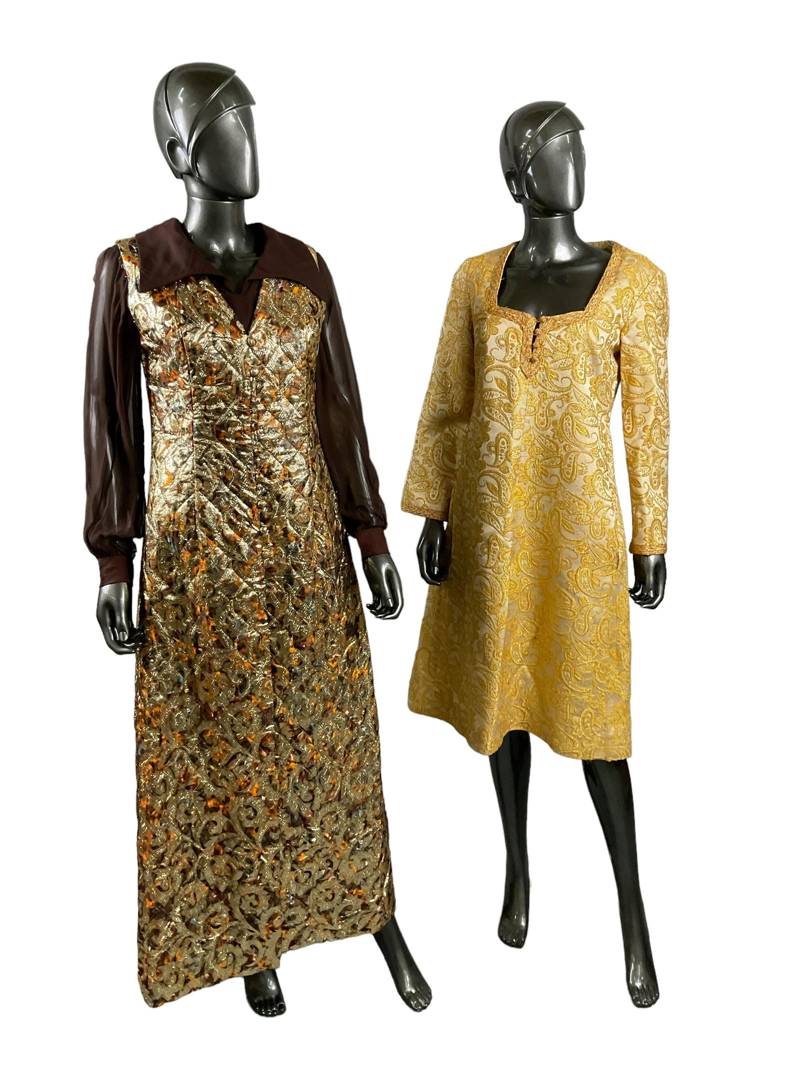 Pair of 1970s Gold Metallic Ladies Wear: Pair of 1970s Gold Metallic Ladies Wear, Ladies vintage gold paisley design satin dress from Mabel Danahy, Buffalo New York, Ladies duster with matching short jumpsuit, size 11, Condition small stains