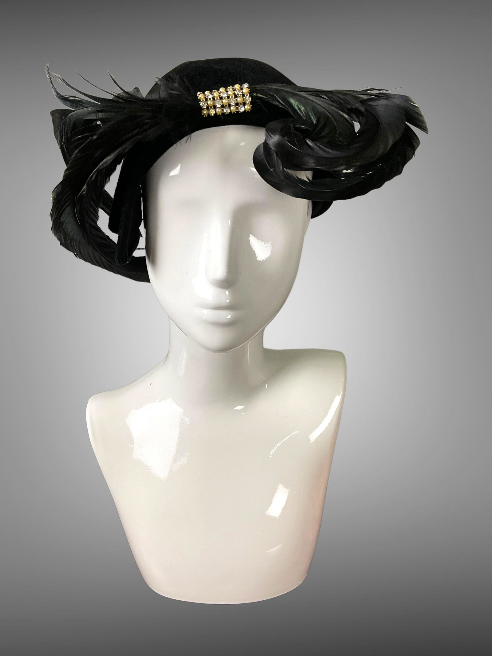 Wolff and Marx Co. Genuine Black Velour Hat with Feathers Pearls Rhinestones in Hat Box Circa 1920s (1 of 6)
