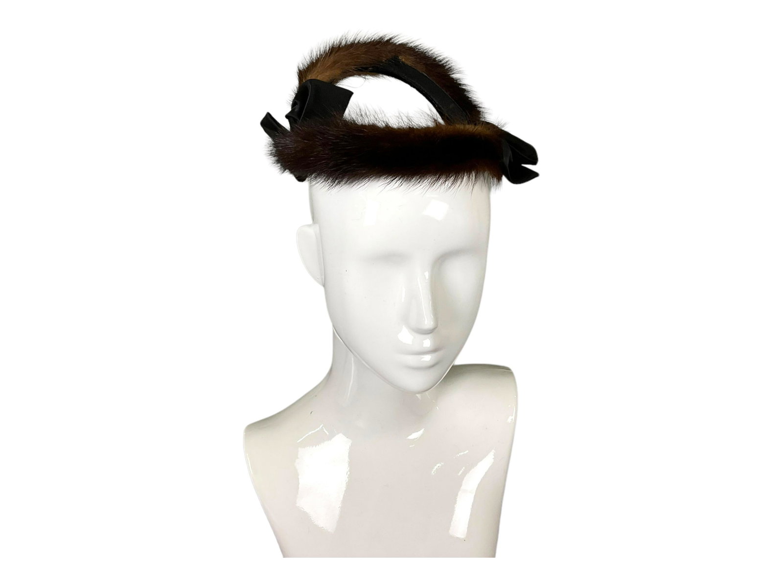 Open Top Pillbox Hat with Fur and Satin Bows: Open Top Pillbox Hat with Fur and Satin Bows, Condition good, one side stabilizer has slight damage at interior bow, see photographs