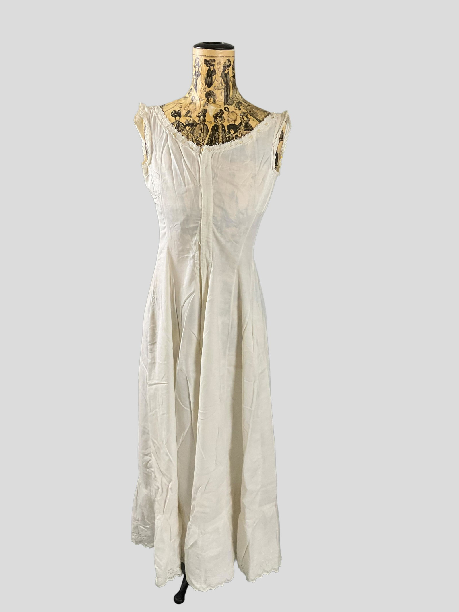 Antique White Cotton Dress: Antique White Cotton Dress, White cotton sleeveless dress, Eyelet lace for ruffle, Condition has been repaired, missing buttons, stains, wear consistent with age, see photographs
