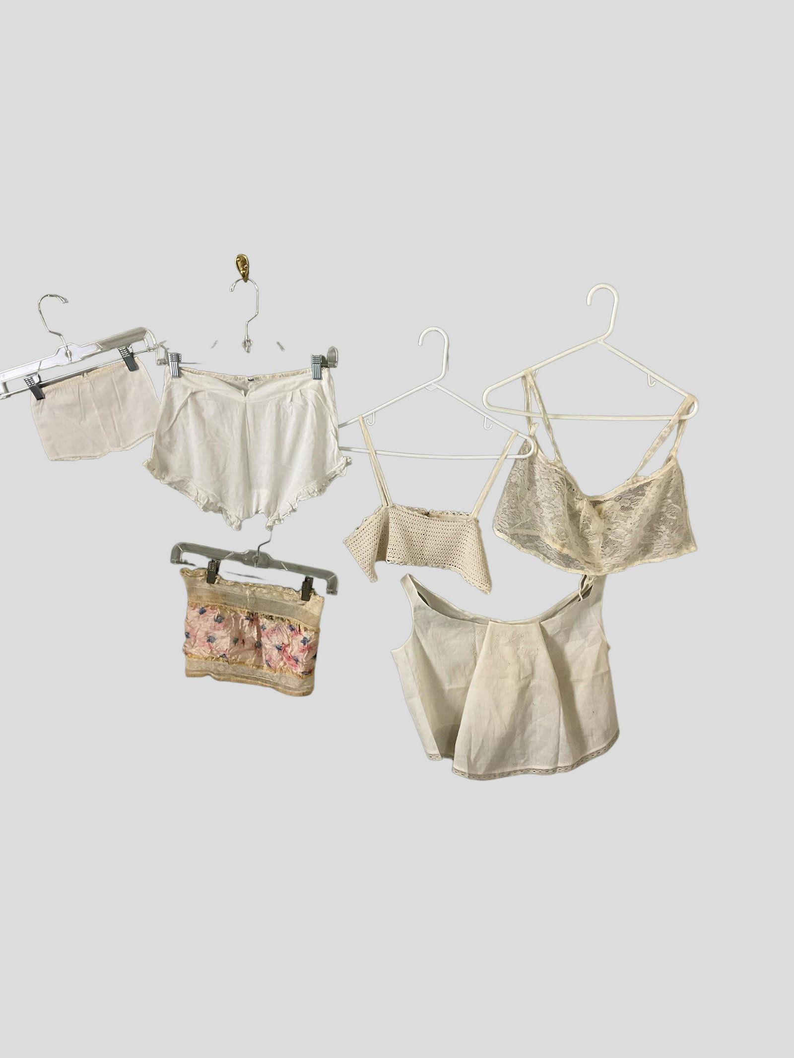 Collection of 6 Antique, Vintage Undergarments: Collection of 6 Antique, Vintage Undergarments, 4 tops, 2 bottoms, Some made with lace trims, Most made with cotton, Condition some tears and some holes, see photographs