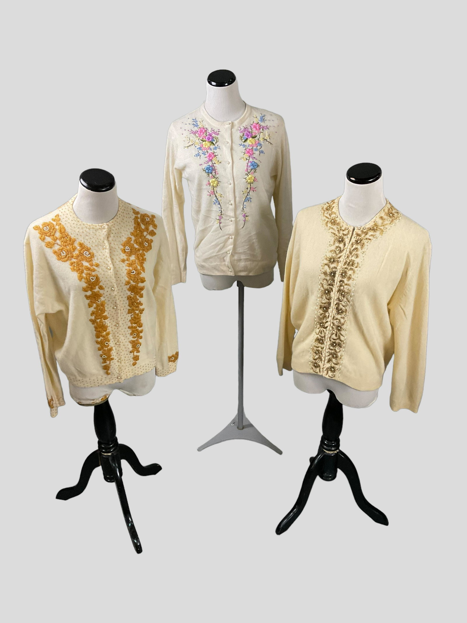 3 1950s Bead and Pearl Sweaters: 3 1950s Bead and Pearl Sweaters, Sweaters made of Angora and Lambs Wool, Sweaters made in Hong Kong for Richards and Mary & Co, Beads and Pearls embellish the sweaters, Embroidered sweater with Pearl 