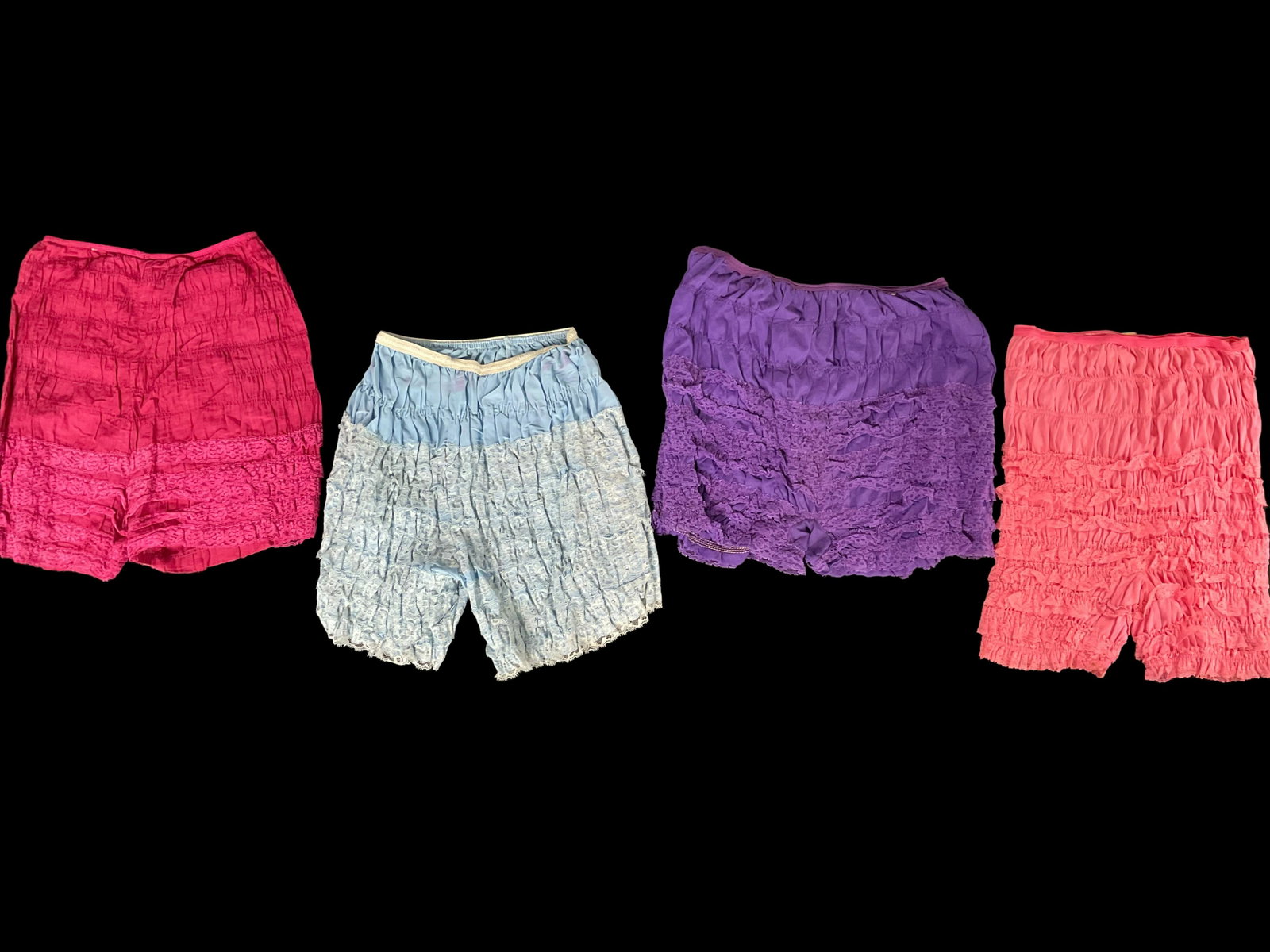 Collection of 4 Vintage Womens Lace, Ruffle Knicker Underwear: Collection of 4 Vintage Womens Lace, Ruffle Knicker Underwear, Vintage frilly, lace, ruffled knicker, underwear for square dancing, Various sizes and makers, Condition good, some stains, see photograp