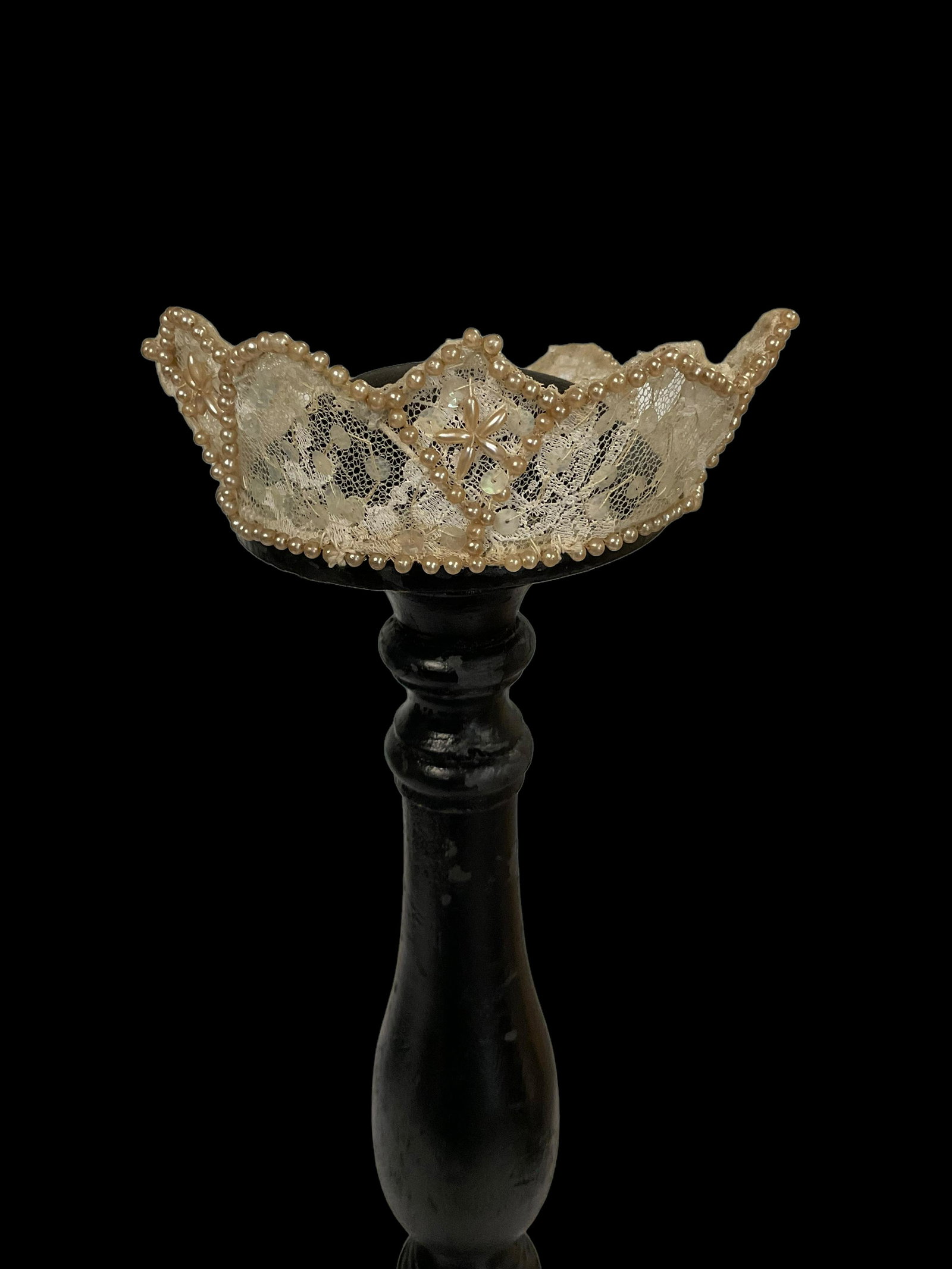 Vintage Bridal Crown: Vintage Bridal Crown, Made of lace, pearls and sequins, Measures 5” diameter, Condition missing some pearl beading, wear consistent with age, see photographs
