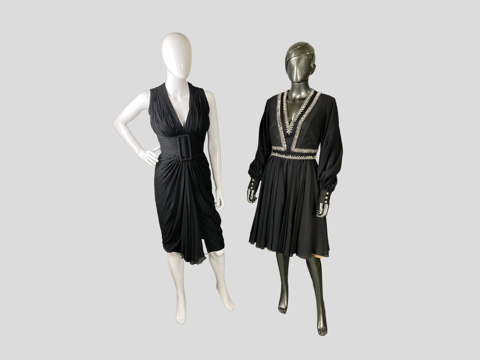 1950s Edward Abbott Sleeveless Black Cocktail Dress and 1960s De Lema Black Beaded Chiffon Dress: 1950s Edward Abbott Sleeveless Black Cocktail Dress and 1960s De Lema Black Beaded Chiffon Dress, Abbott dress has zipper in back, Crepe or crepe blend, size unavailable, De Lema dress has v neckline,