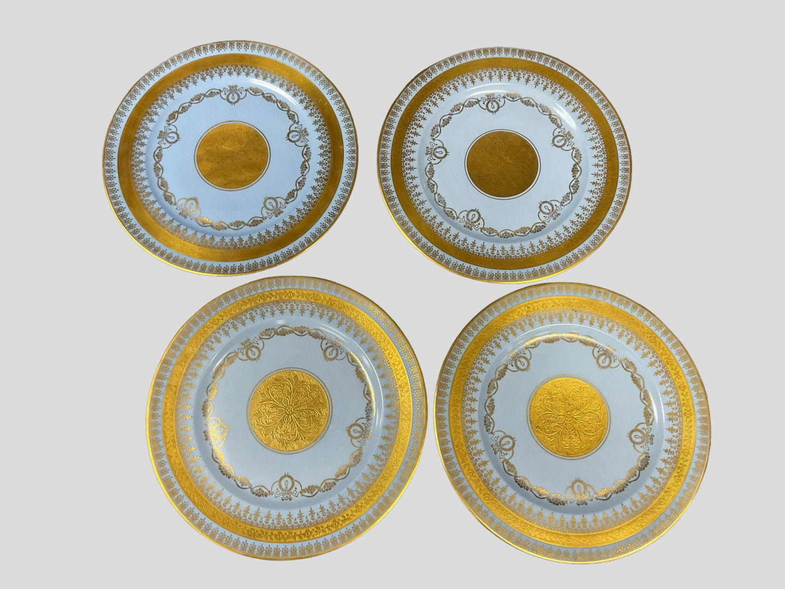 Set of Four Stouffer Fine China Periwinkle and Gold Plates: Set of Four Stouffer Fine China Periwinkle and Gold Plates, Measures 11" diameter, No box, Condition good, Minor scratches on surface of plates.