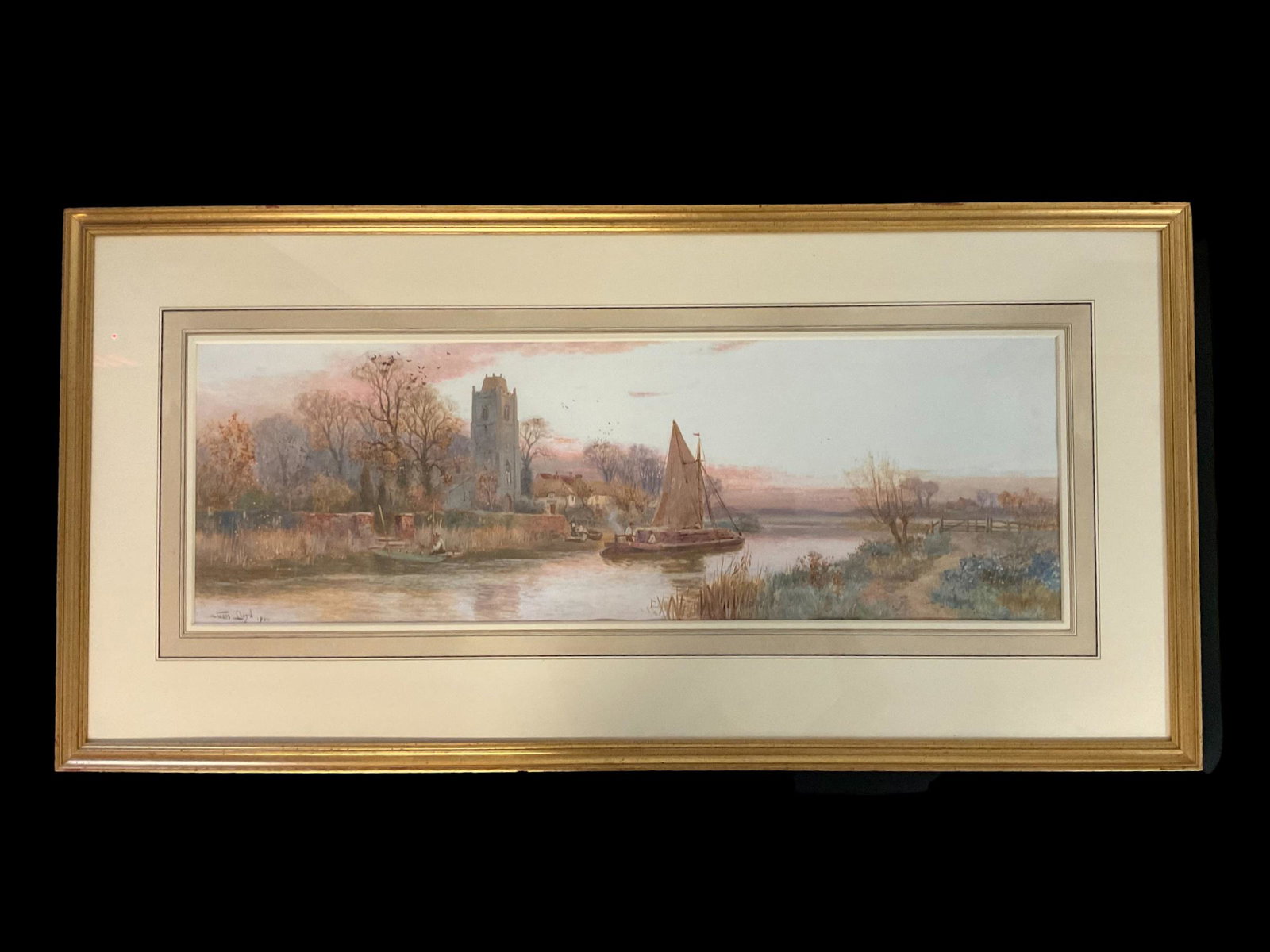 Walter Stuart Lloyd (British, 1875-1929) Watercolor Signed: Walter Stuart Lloyd (British, 1875-1929) Watercolor Signed, Label on back reads "The view has been identified by a client as of Hemingford Grey on the River Ouse in Huntingdonshire", Frame measures 46