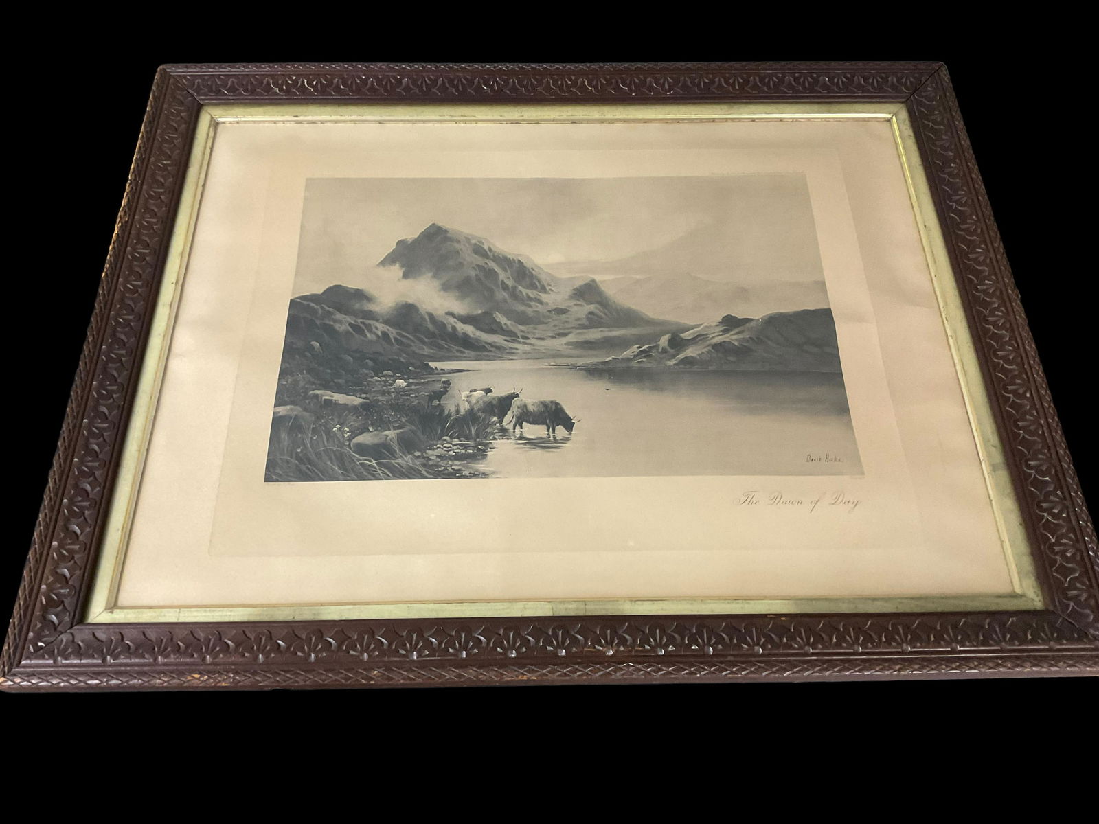 David Hicks, Dawn Of The Day, Lithograph, Signed: David Hicks, Dawn Of The Day, Lithograph, Signed, Visible image 21”W, 14”L, Framed 35”W, 27”L, Condition frame scratched and chipped, lithograph darkened with age and wrinkled,