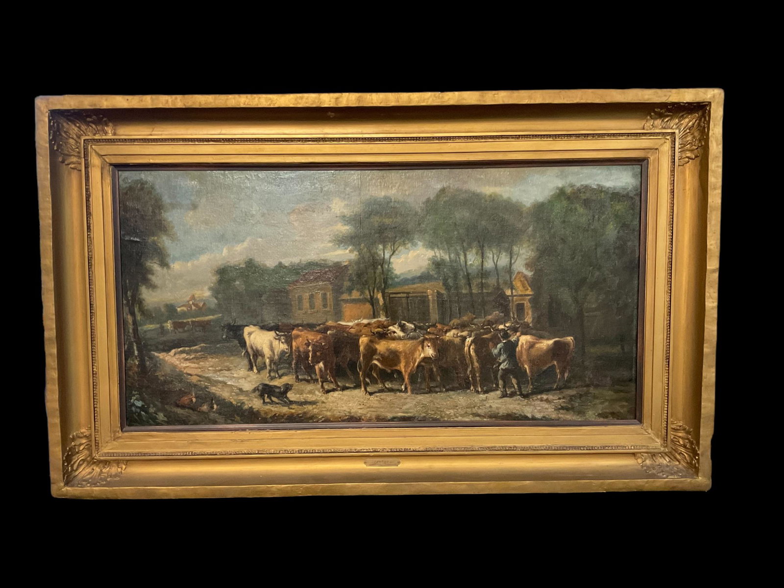 Cartier - Cows on Road Oil Painting Signed: Cartier "Cows on Road" Oil Painting Signed, Frame measures 49" x 29", Image measures 39" x 19 1/4", Condition very good, frame is chipped, see photographs