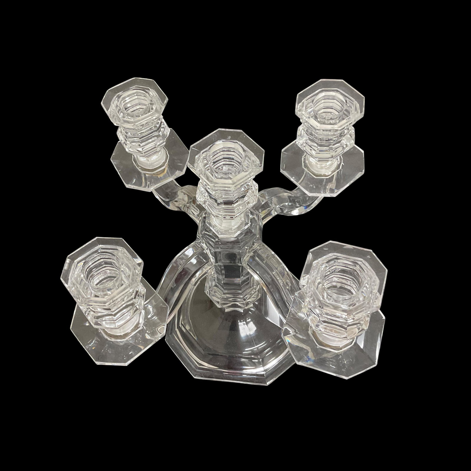 5-Candle Crystal Candelabra: 5-Candle Crystal Candelabra, Measures 10" high and 11" wide, Octagonal base measures 5 1/2" wide, Nobox, Condition good.