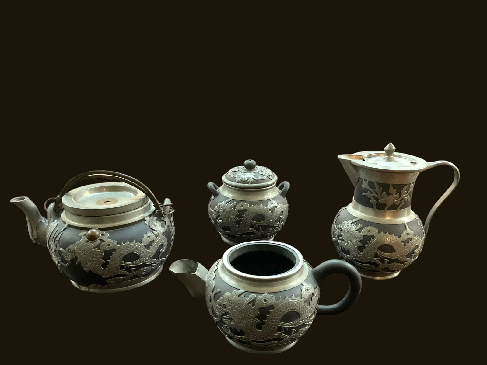 4 Pieces of Yixing Pewter Dragon and Bat Tea Service (1 of 5)