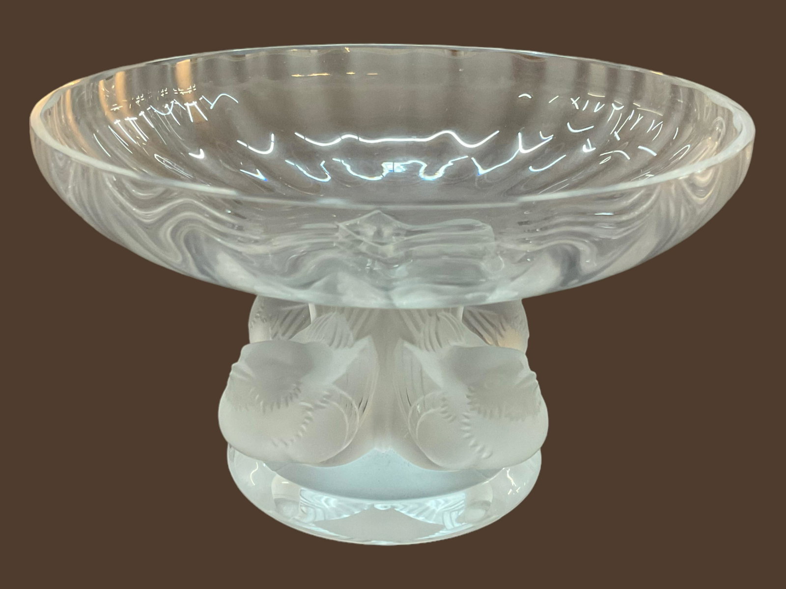 Lalique Nogent Sparrow Pedestal Compote: Lalique Nogent Sparrow Pedestal Compote, Made in France, Measures 6 1/2" diameter, Signed, Condition good, used, no chips or cracks, see photographs