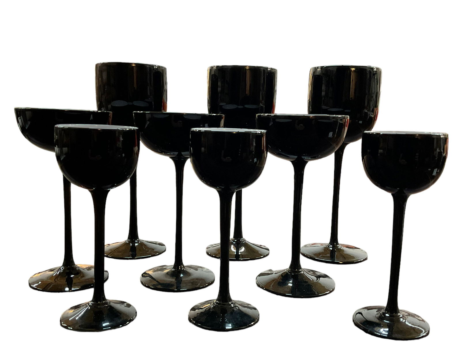 9 Carlo Moretti Cased Black and White Glasses: 9 Carlo Moretti Cased Black and White Glasses,Circa 1960s,Murano Italy,3 Wine 9" tall,3 Champagne 7" tall,3 Cordials 6 1/2" tall,Condition used, no cracks or chips, some