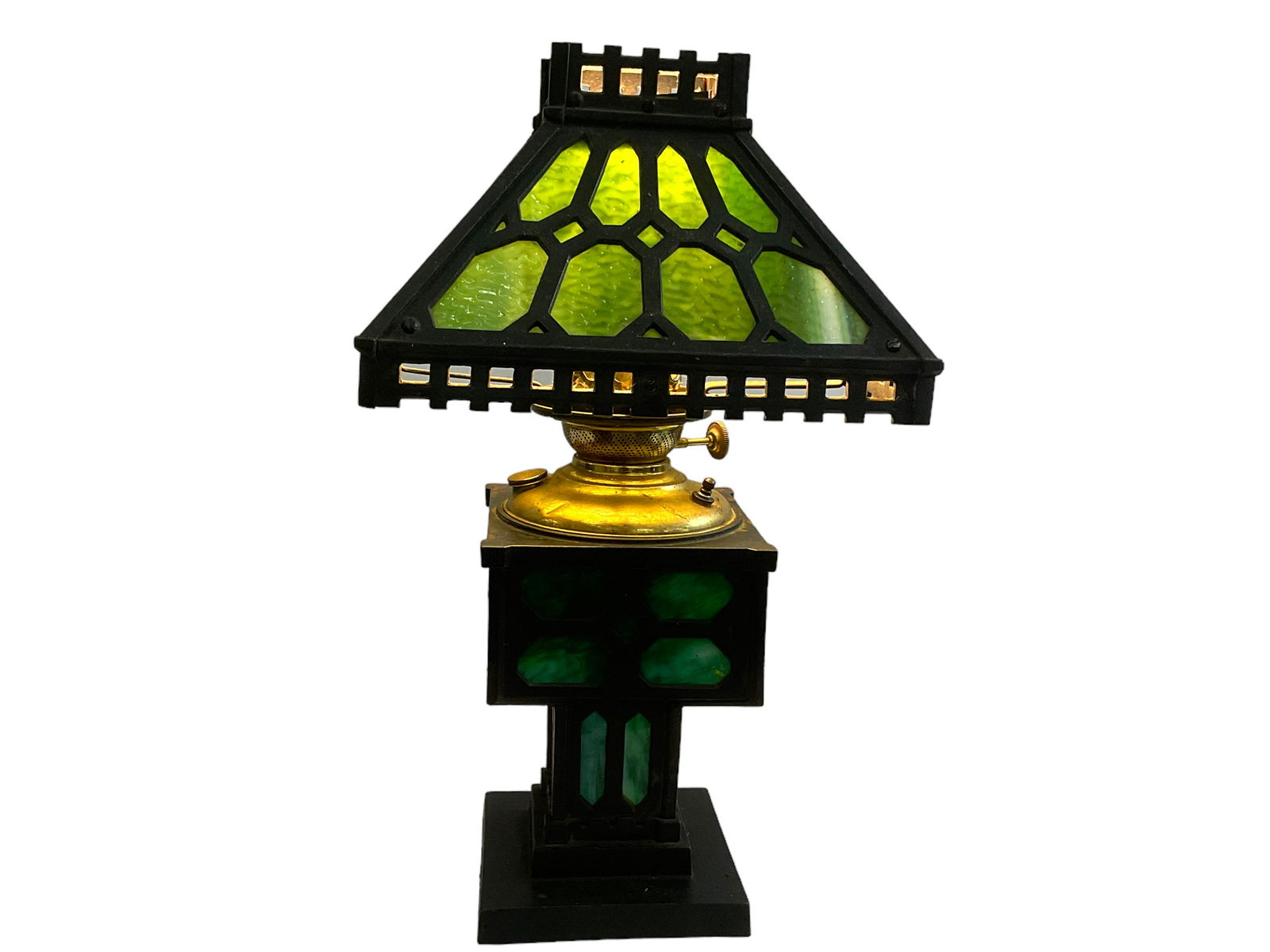 Arts and Crafts Wrought Iron  and Slag Glass Table Lamp (1 of 9)