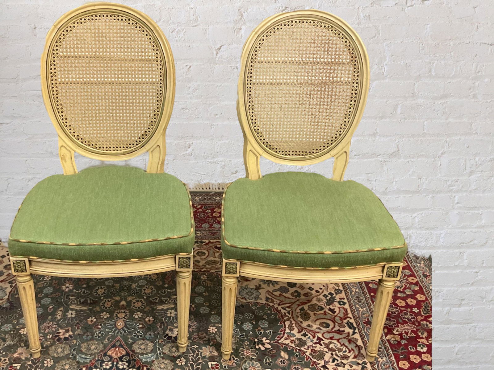 Pair of Vintage Henredon Cane Back Chairs: Pair of Vintage Henredon Cane Back Chairs, Green fabric cushions with green, brown, beige piping. Chairs measure 20" W x 38 1/2" x 18 1/2" D. Condition good, wear appropriate with age,