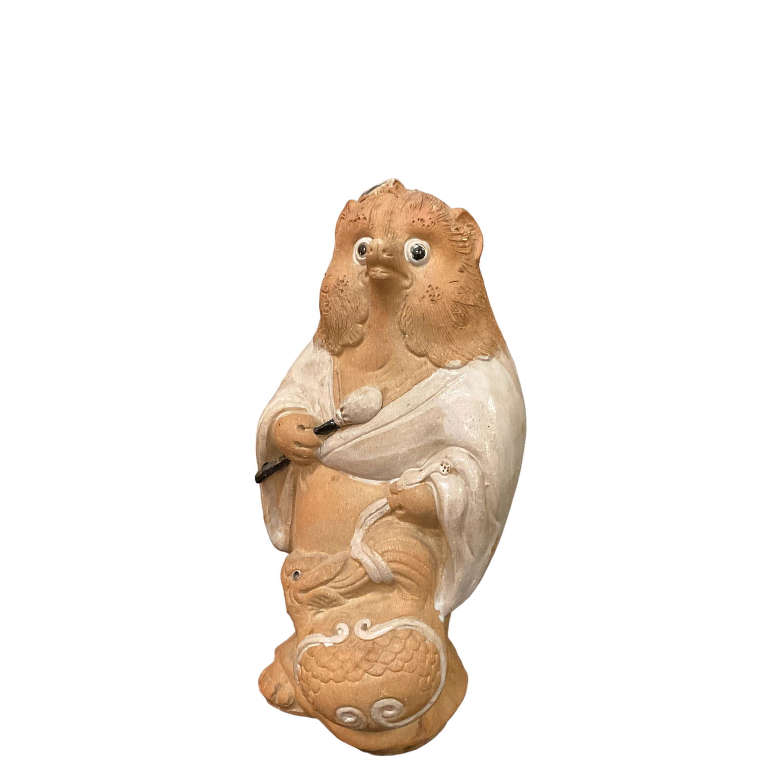 Tanuki Japanese Figurine with Drum: Tanuki Shigaraki ware raccoon dog statue, Stamped by maker, Approximately 12" tall, Condition good, see photographs.