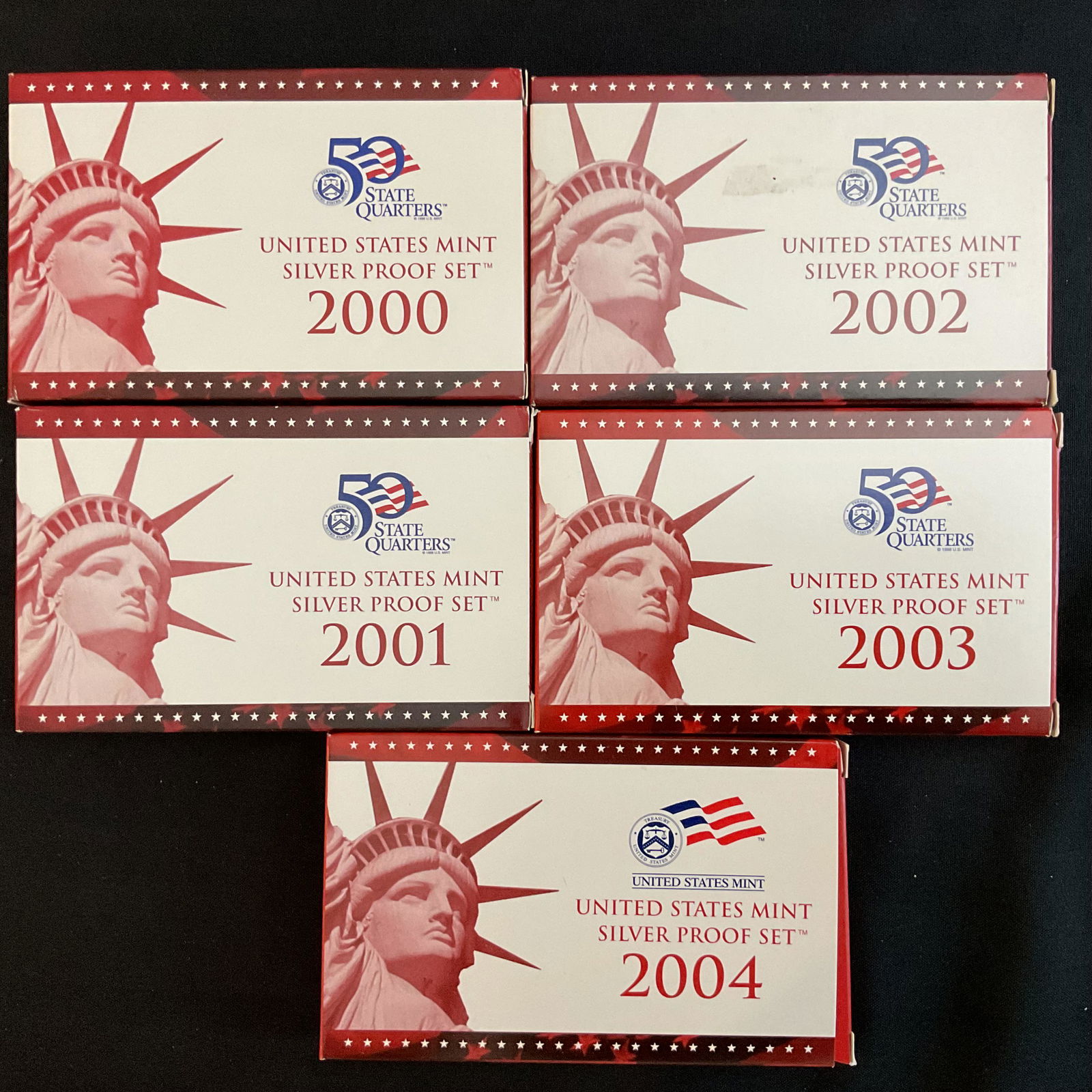Group of 5 US Mint Silver Proof Sets 2000, 2001, 2002, 2003, 2004 50 State Quarters (1 of 11)