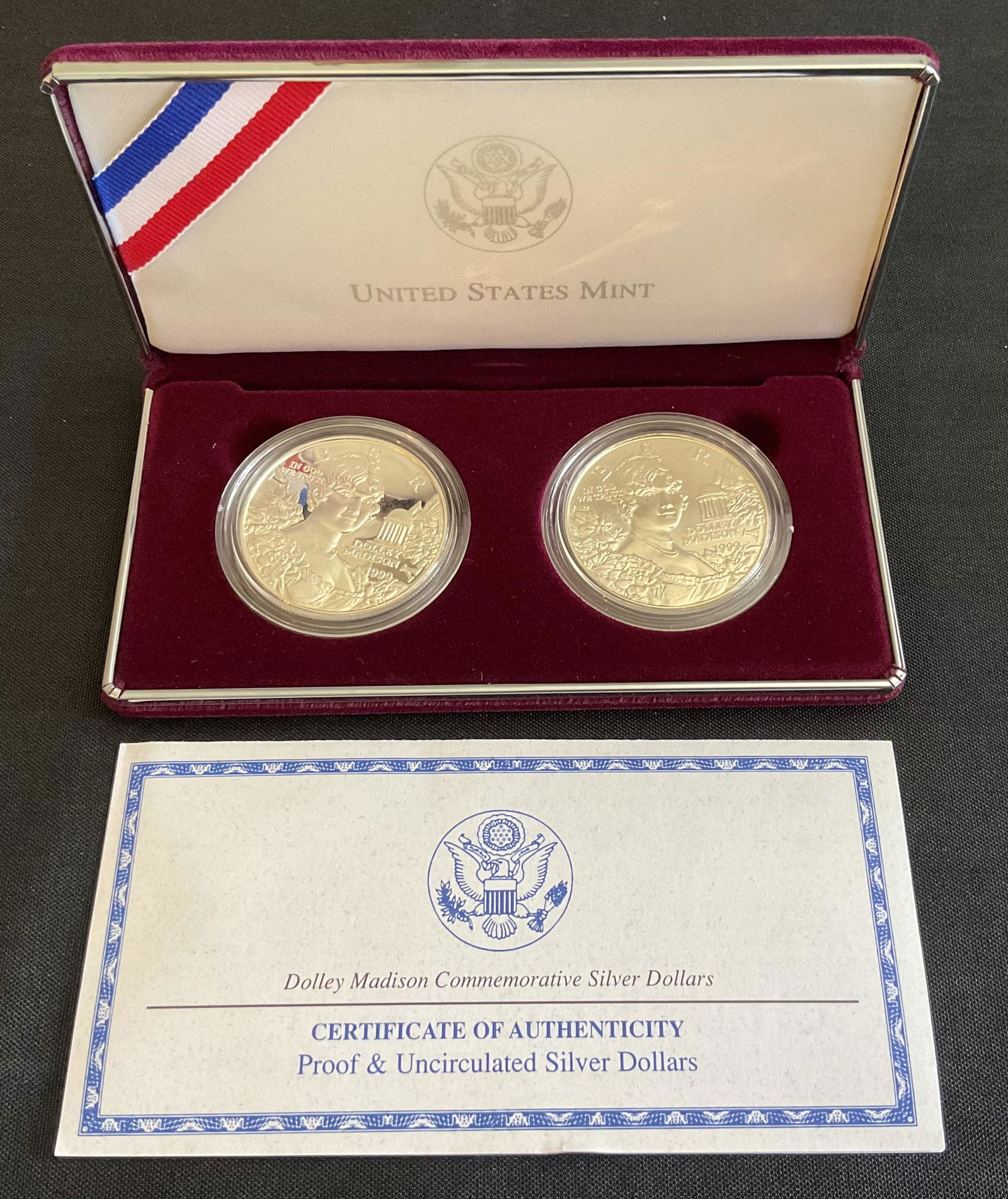 1999 Dolly Madison Commemorative Proof and Uncirculated Silver Dollar 2-Coin Set COA (1 of 4)