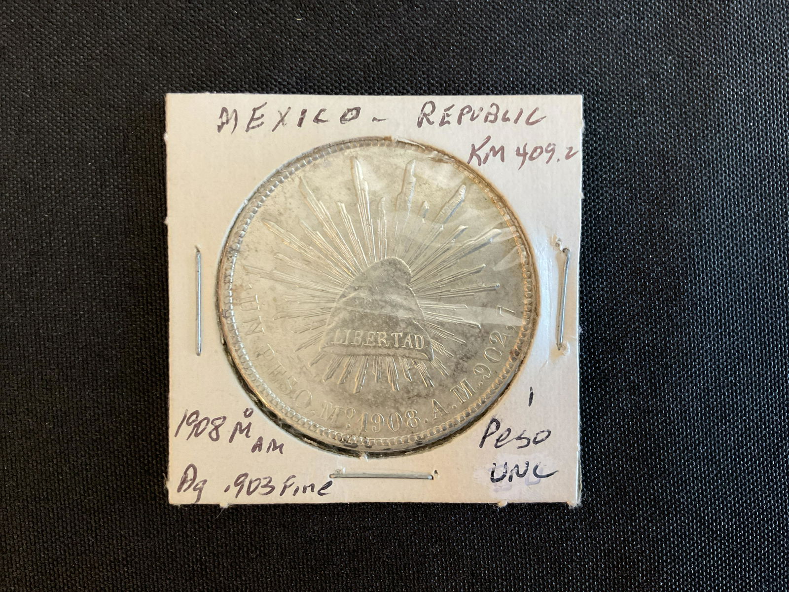 Mexico 1908 Mo AM Silver 1 Peso Coin (1 of 2)