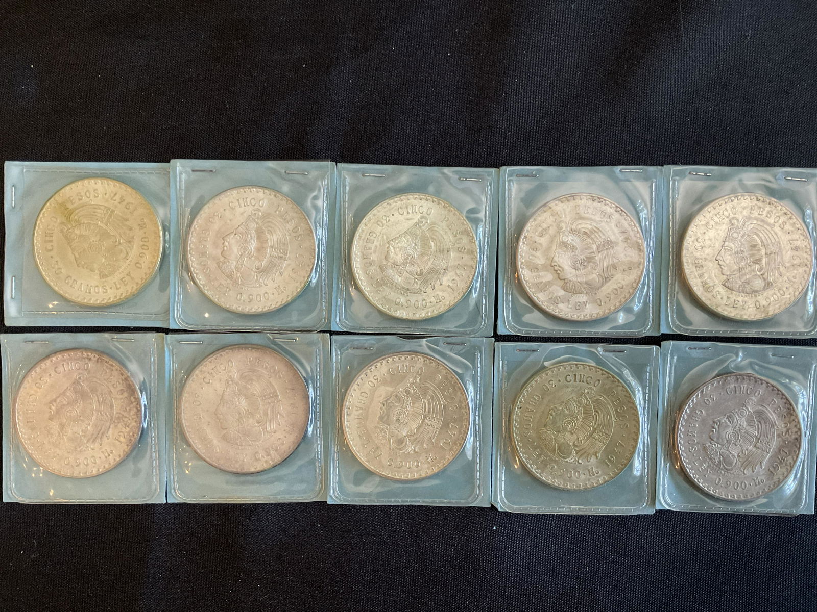 Group of 10 Mexico 1947 5 Peso Silver Coins Cuauhtemoc, (1 of 3)