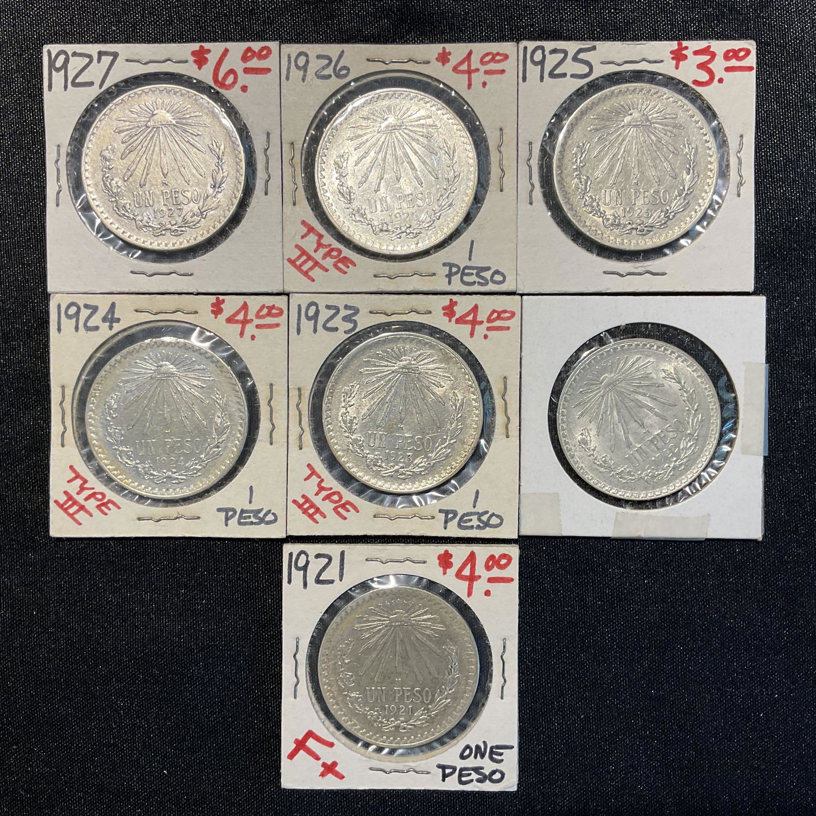Group of 7 Mexico 1 Peso Silver Coins 1921-1927 Consecutive Years (1 of 2)