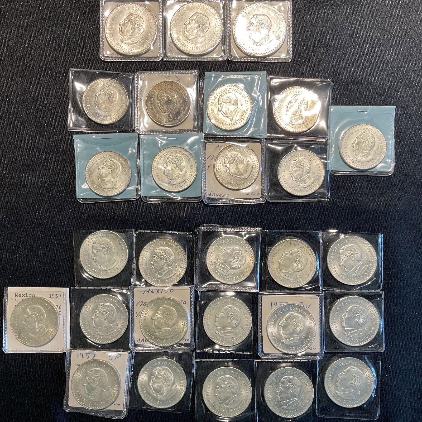 Group of 28 Mexico 1957 Silver Coins 100th Anniversary of the Constitution 10 Pesos, 5 Pesos, 1 Peso (1 of 7)