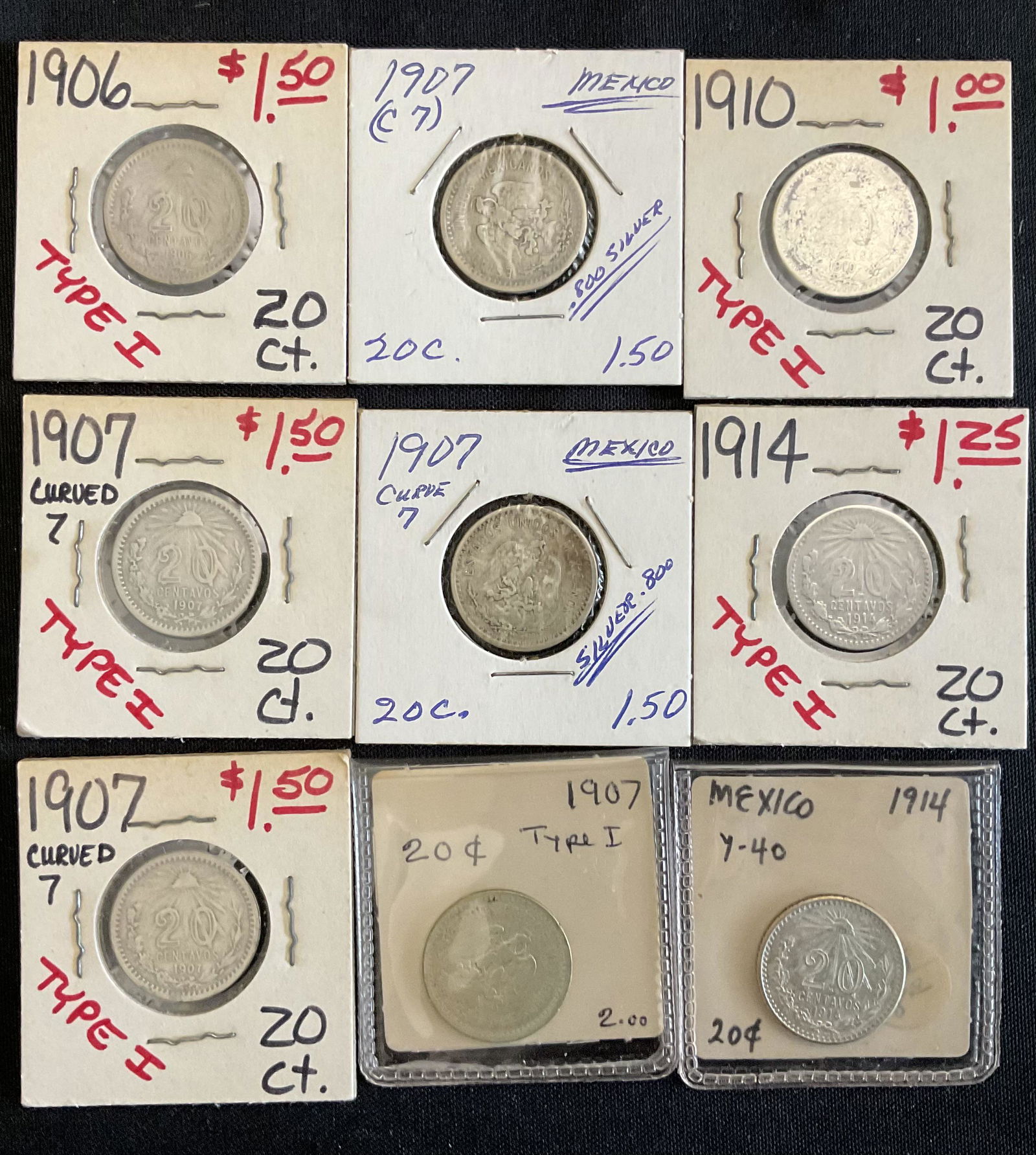 Group of 9 Mexico 20 Centavos Silver Coins (1 of 4)