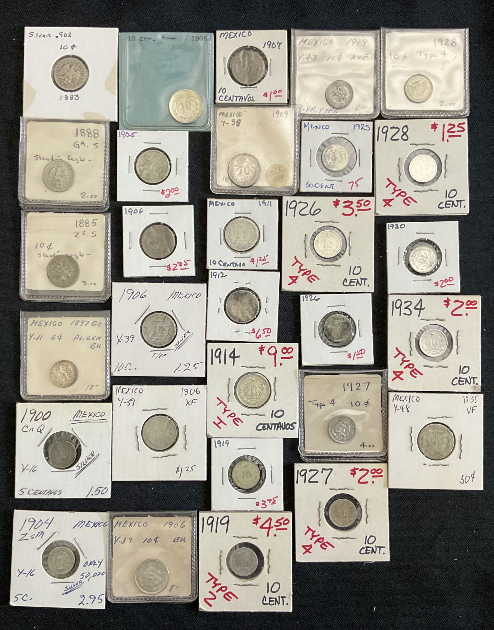 Group of 30 Mexico Silver 10 Centavos and 5 Centavos Coins Late 1800s Early 1900s (1 of 9)