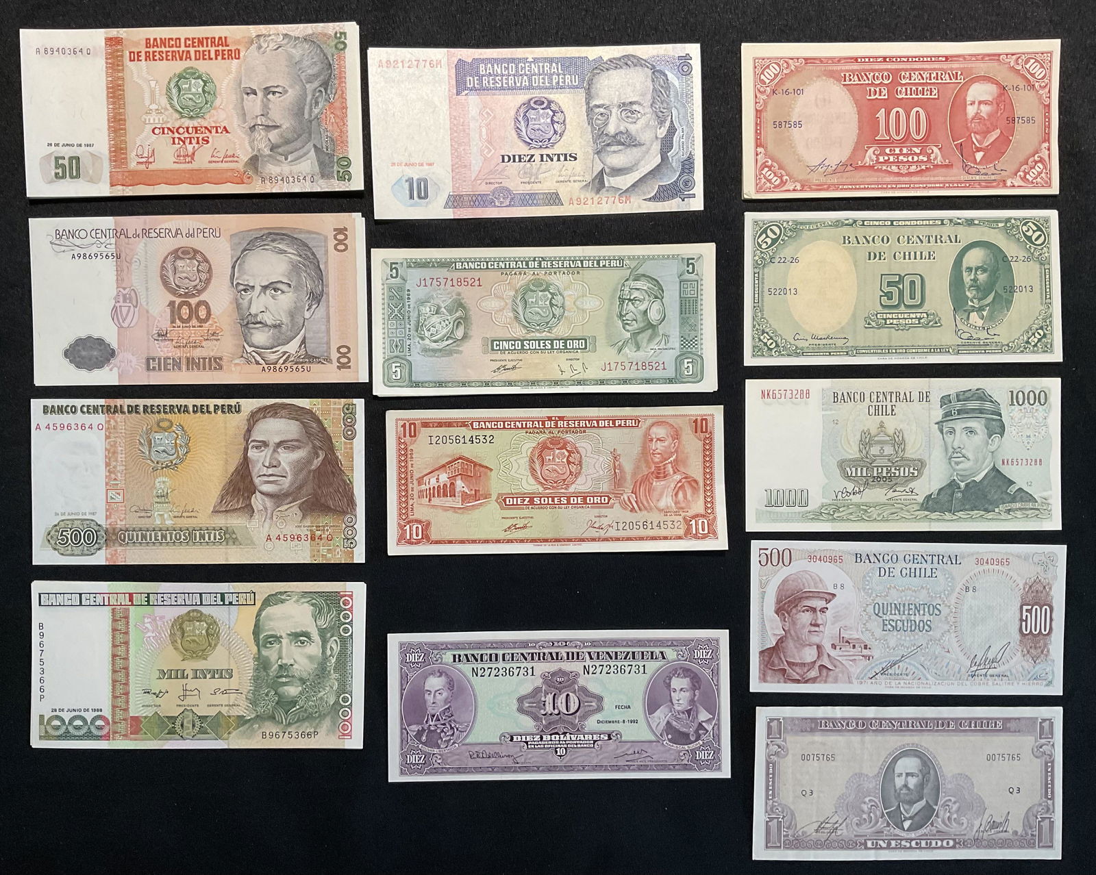 Group of 64 Banknotes from Chile, Peru, Venezuela Mixed Dates and Denominations (1 of 5)