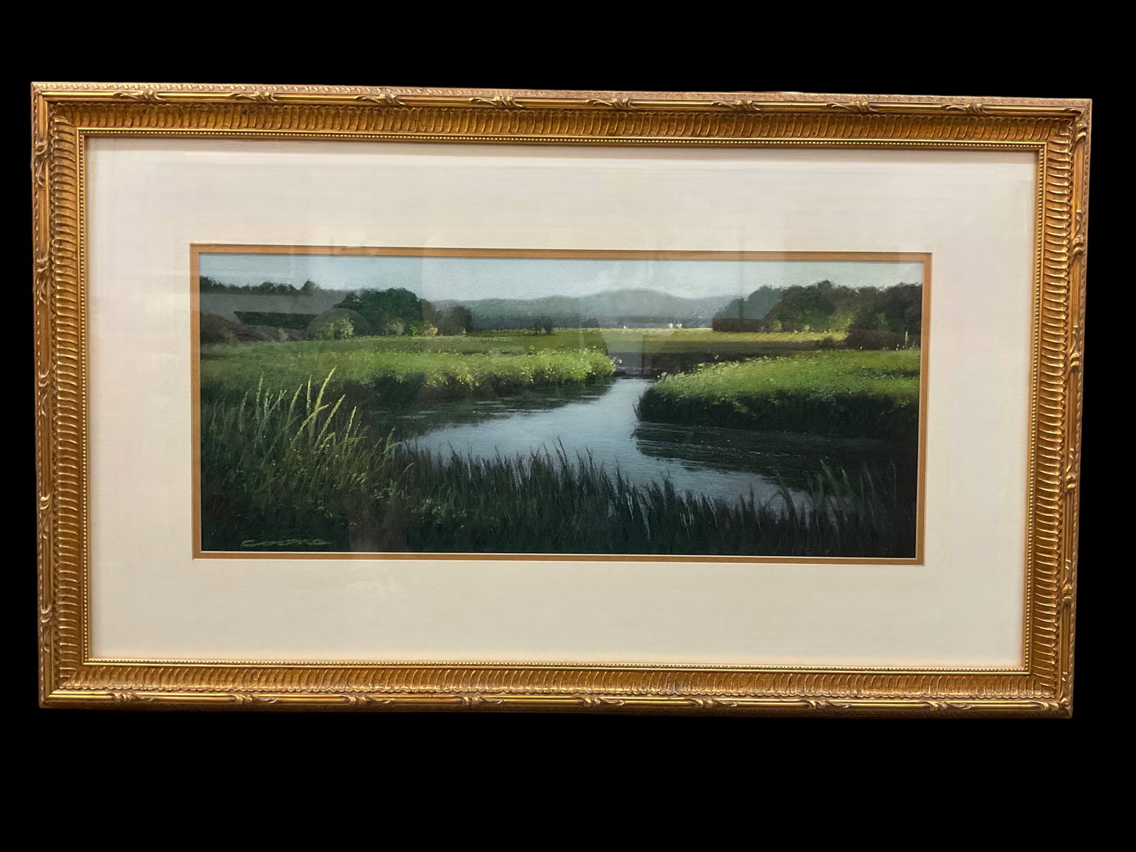 Original Don Coons Pastel, Waterways, signed: Original Don Coons Pastel, Waterways, Signed, Picture measures 26 1/2" W, 10" H, Framed measures 38 1/4" W, 22 3/4" H, Condition: Very Good, See Photographs.
