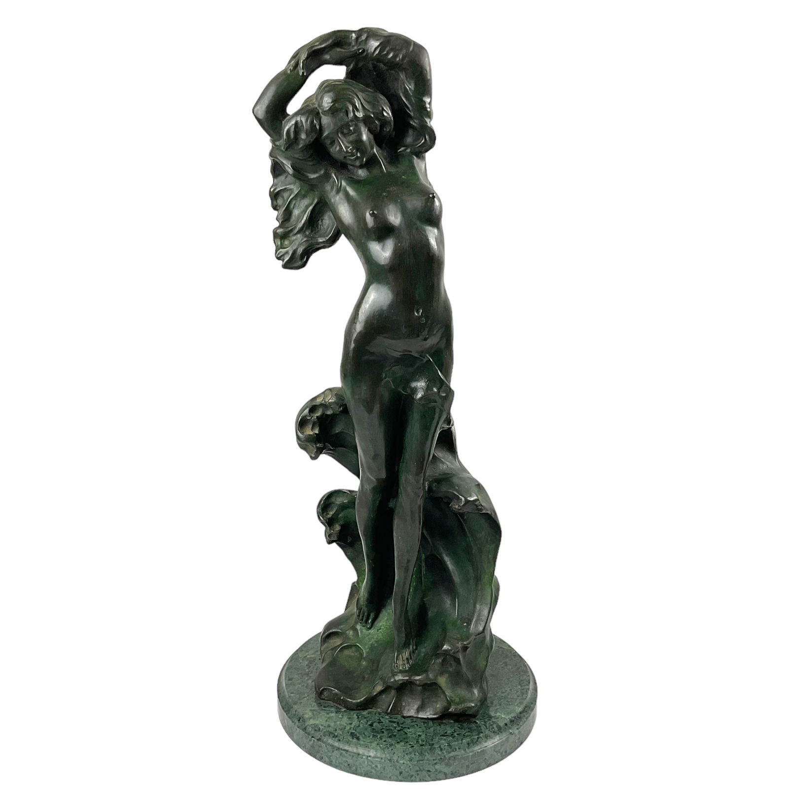 Vittorio Caradossi, (Italian, 1861-1909), Bronze Sculpture:  Vittorio Caradossi, (Italian, 1861-1909), Bronze Sculpture, "By the Sea". Sculpture sits atop a marble base, SIgned on the backside of the wave with artist's mark. Measu