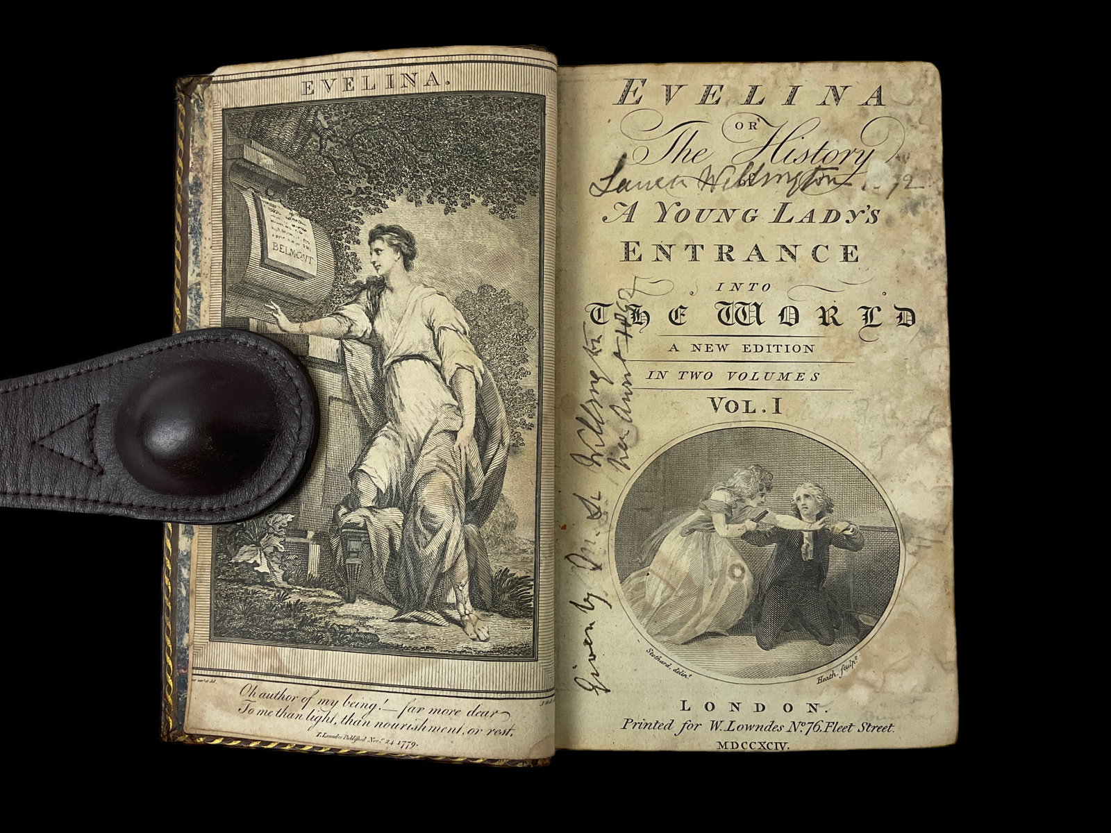 Evelina or The History of A Young Lady's Entrance Into The World, 2 Volume Set: Evelina or The History of A Young Lady's Entrance Into The World, 2 Volume Set, A New Edition In Two Volumes, Printed for W. Lowndes, London, 1794, Both books in leather bound and gilt trim, Condi