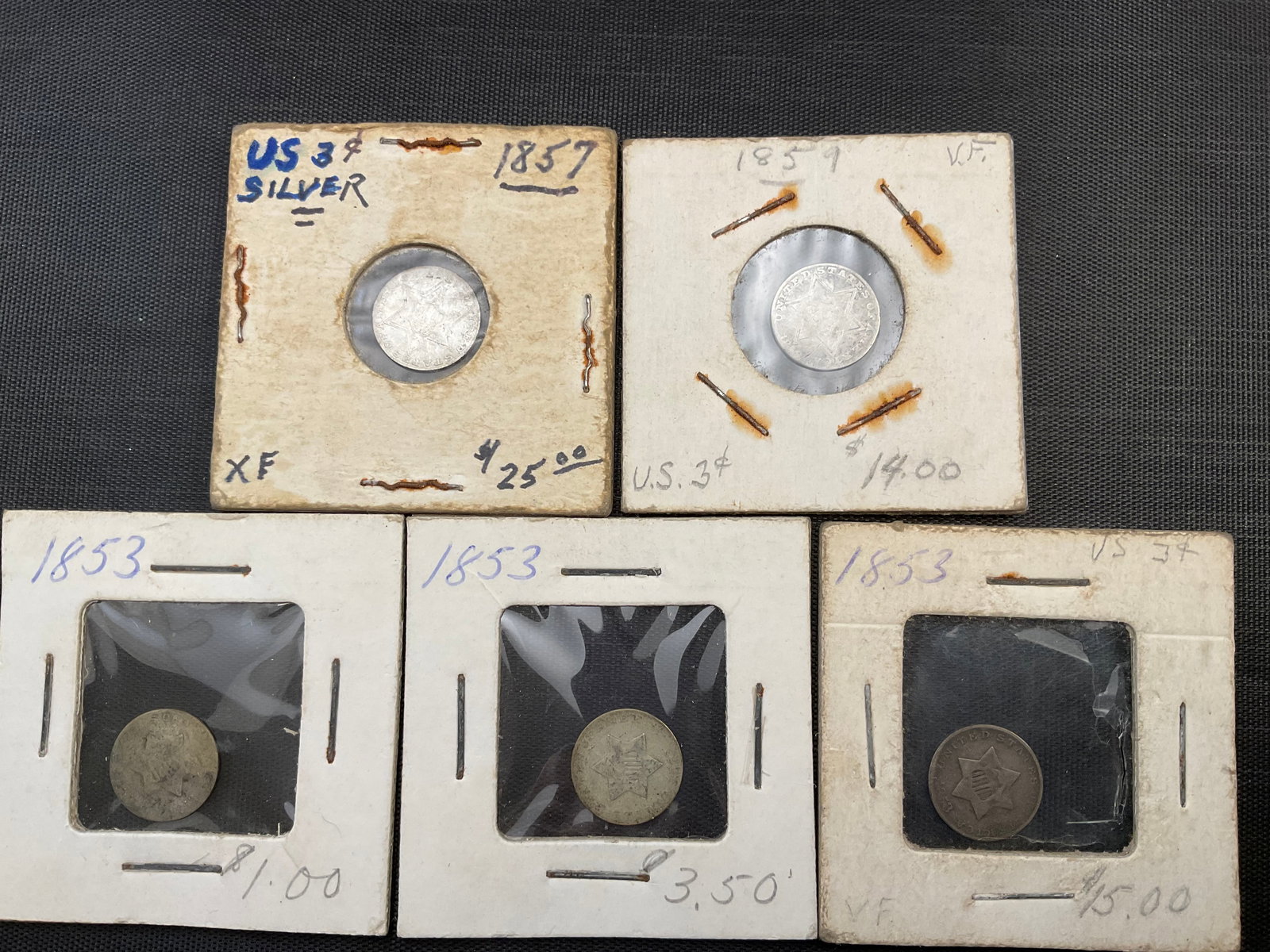 Group of Five US Silver Three-Cent Piece Trimes 1850s (1 of 11)