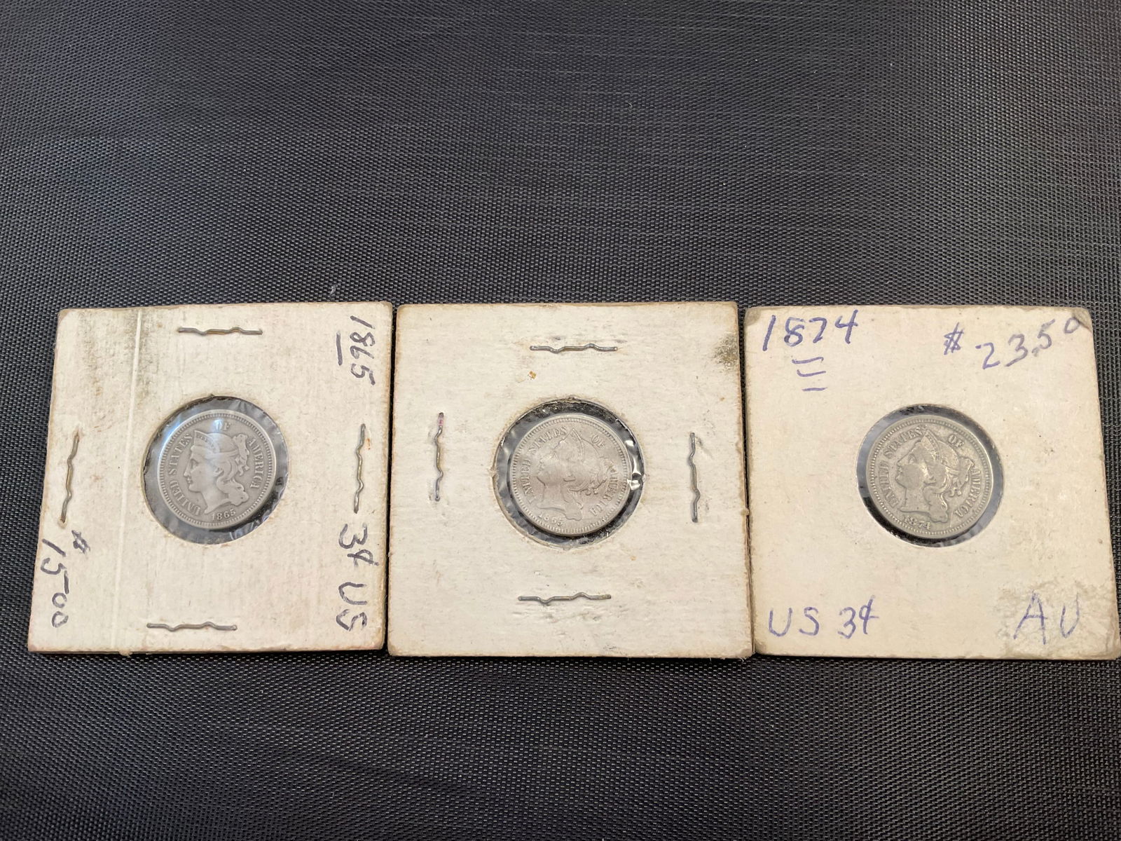 Group of 3 Three-Cent Nickel Pieces 1865, 1865, 1874 (1 of 14)