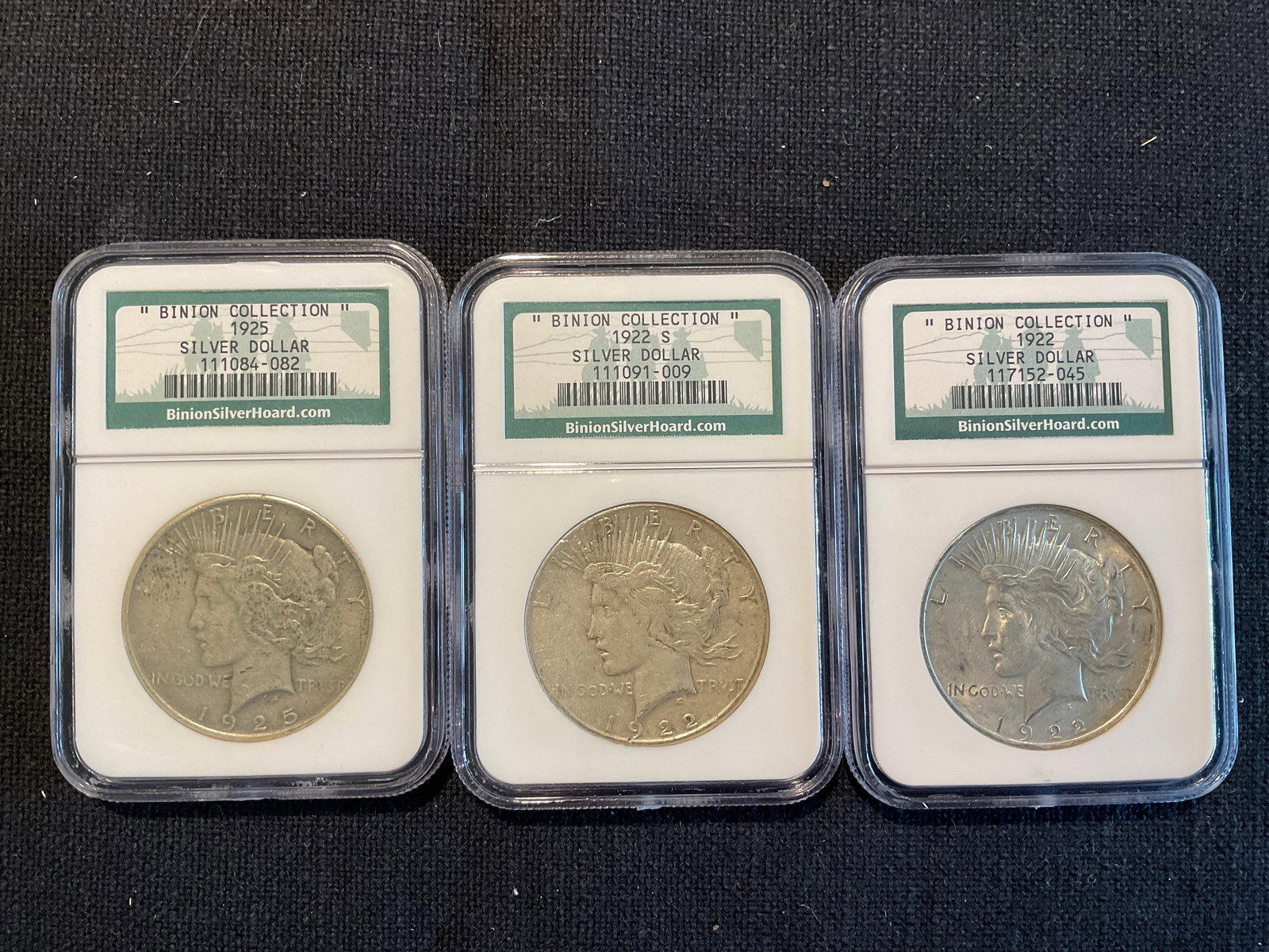 Group of 3 Peace Silver Dollars 1922, 1922 S, 1925 Binion Silver Hoard Collection in NGC Holder (1 of 2)