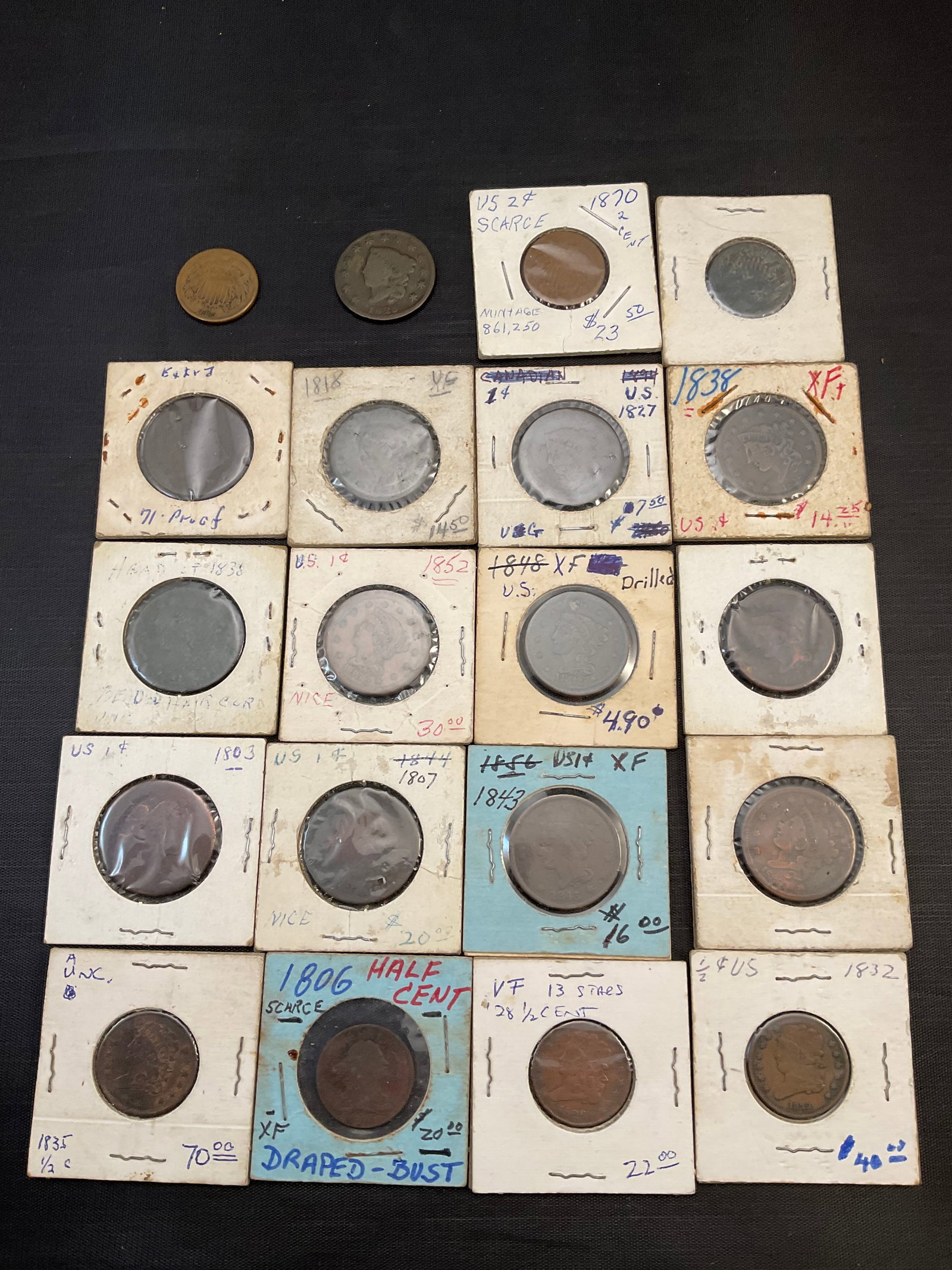 Group of 20 US Half Cent, One Cent and Two Cent Coins (1 of 20)