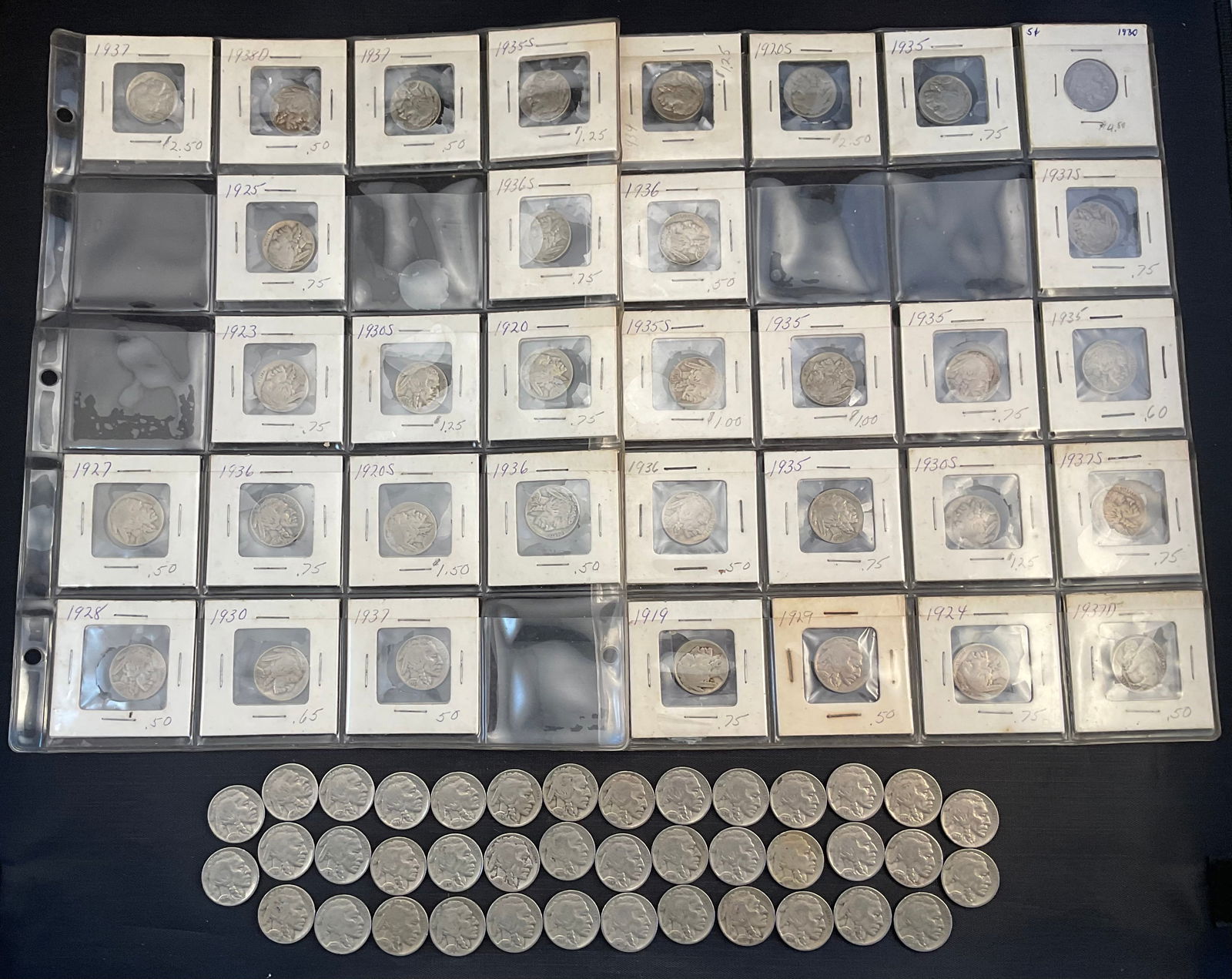 Lot of 74 Indian Head or Buffalo Nickels (1 of 8)