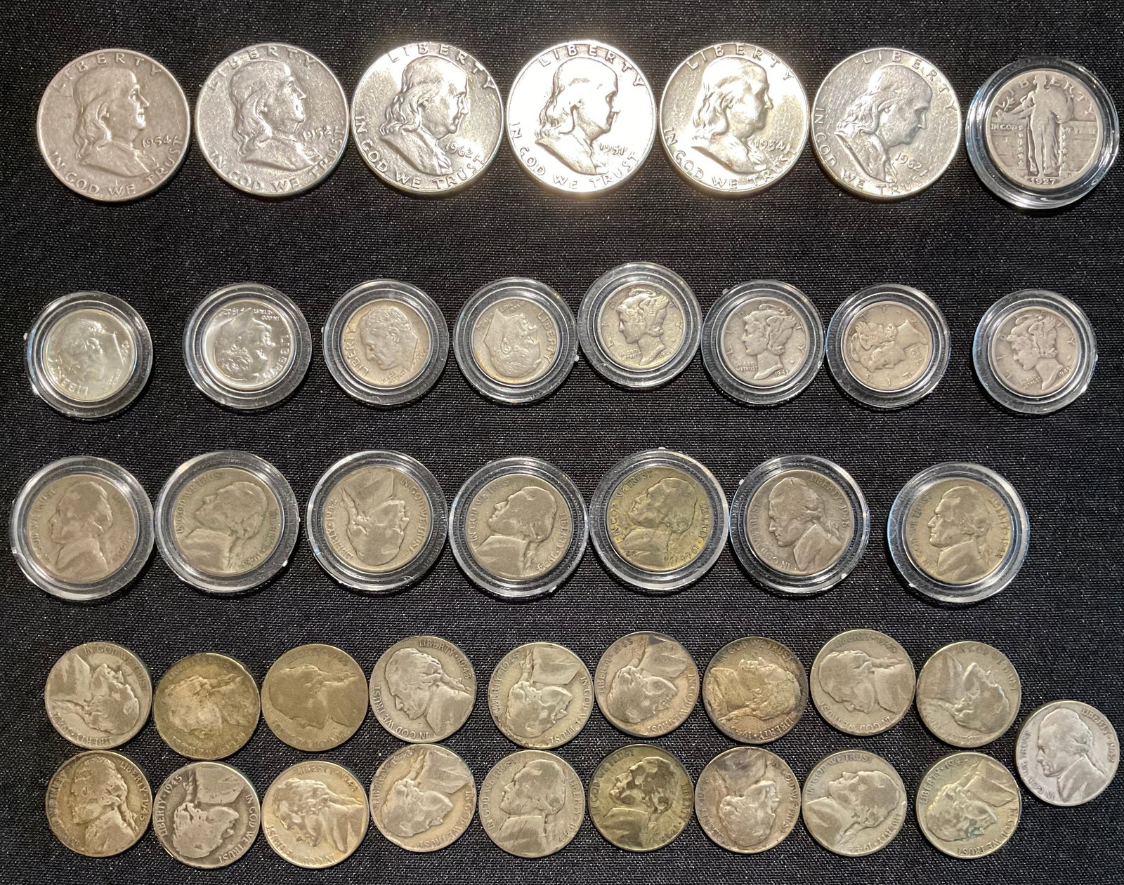 Group of 41 Mixed US Silver Coins Franklins Standing Liberty Mercury Roosevelts Silver Nickels (1 of 12)