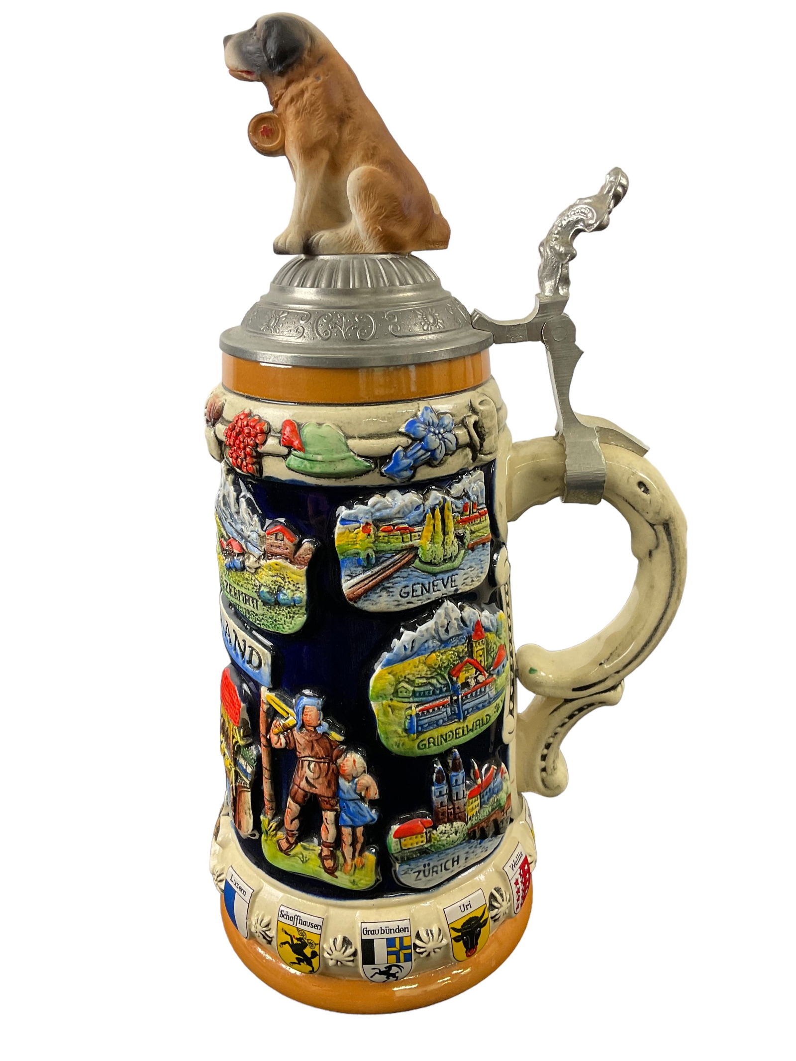 Switzerland Saint Bernard Dog Handpainted Limited Edition Lidded Ceramic Beer Stein by King Made in (1 of 7)