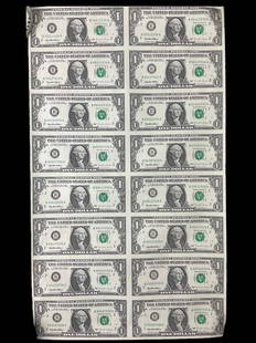 Uncut Currency Sheet of 16 US One Dollar Bills 1995: Uncut Currency Sheet of 16 US One Dollar Bills 1995,sheet is rolled in tube,Condition very good. Paperweights used to hold down edges for photos.