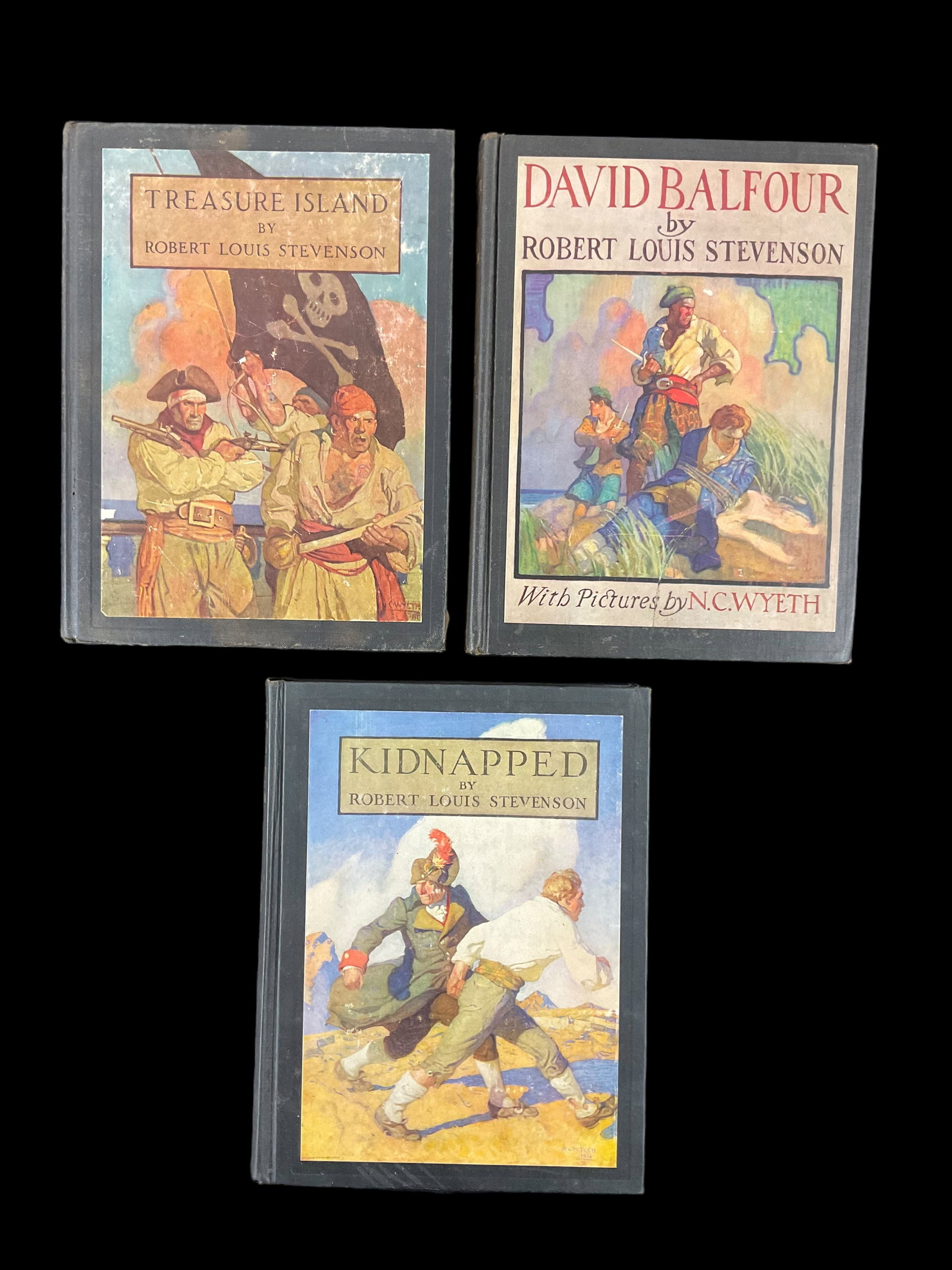 Treasure Island, 1911, David Balfour, 1924, and Kidnapped, 1937 by Robert Louis Stevenson: Treasure Island, 1911, David Balfour, 1924, and Kidnapped, 1937 by Robert Louis Stevenson 1) Treasure Island, 1911, Publisher Charles Scribner's Sons New York, Illustrated by N. C. Wyeth, book pla