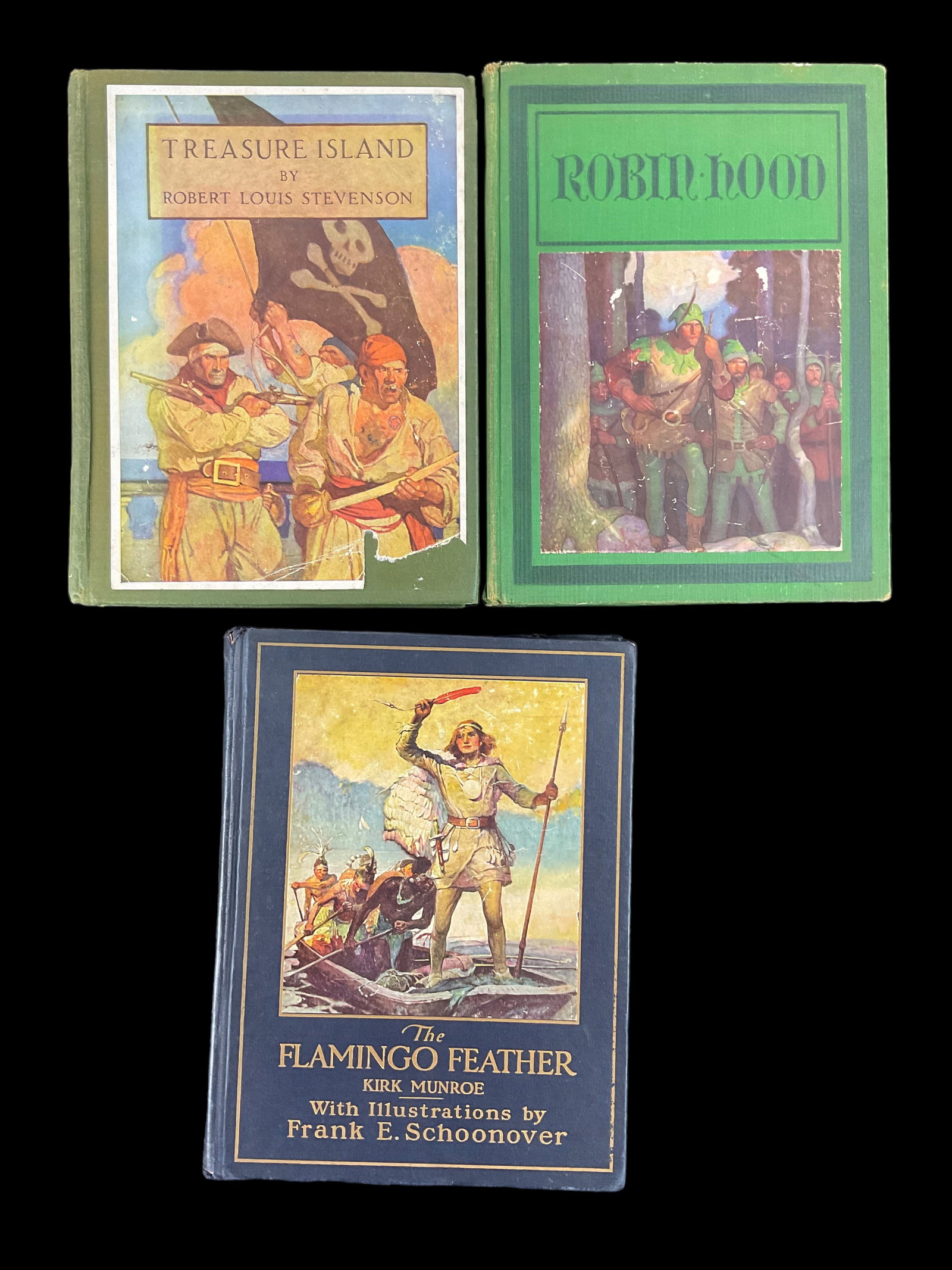 Treasure Island, 1911, Robin Hood, 1917, The Flamingo Feather, 1923: Treasure Island, 1911, Robin Hood, 1917, The Flamingo Feather, 1923 1) Treasure Island, 1911, by Robert Louis Stevenson, Illustrated by N.C.Wyeth, Publisher Cassell & Company Limited London, embos
