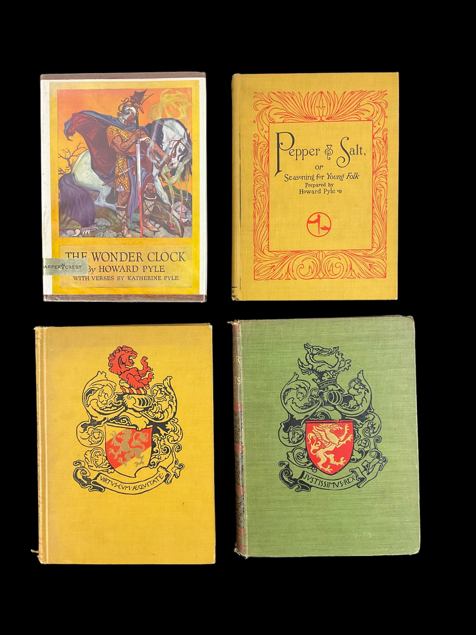 4 Books Written and Illustrated by Howard Pyle, 1903-1925: 4 Books Written and Illustrated by Howard Pyle, 1903-1925 1) The Wonder Clock, 1915, Publisher Harper & Row, Dust Jacket, pen marks on 1st coupe pages, library pocket, DJ glued to book, tight spin